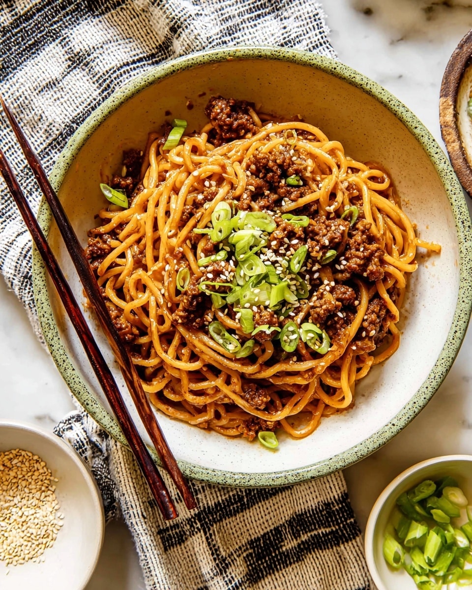 A close-up of a bowl with about two layers: the bottom layer is light brown thin noodles covered with a sauce giving them a shiny, slightly oily texture, and the top layer has small dark brown meat pieces mixed with the noodles, sprinkled with thinly sliced green onions and white sesame seeds. The bowl is white with a speckled green inside, resting partially on a white cloth with black stripes. On the left side of the bowl, a pair of dark wooden chopsticks lean against it. Surrounding the bowl are small white bowls with chopped green onions and sesame seeds on a white marbled surface. Photo taken with an iphone --ar 4:5 --v 7