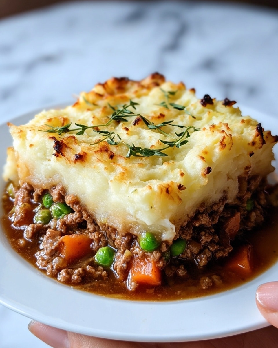 A close-up view of a square piece of shepherd's pie on a white plate, held by a woman's hand. The dish has two main layers: a bottom layer of cooked ground meat mixed with peas and diced carrots in a rich brown sauce, and a thick top layer of creamy mashed potatoes, golden and slightly browned on top, with small sprigs of fresh green herbs scattered over it. The mashed potato layer is fluffy with peaks and some browned spots from baking. The plate rests on a white marbled texture surface. Photo taken with an iphone --ar 4:5 --v 7