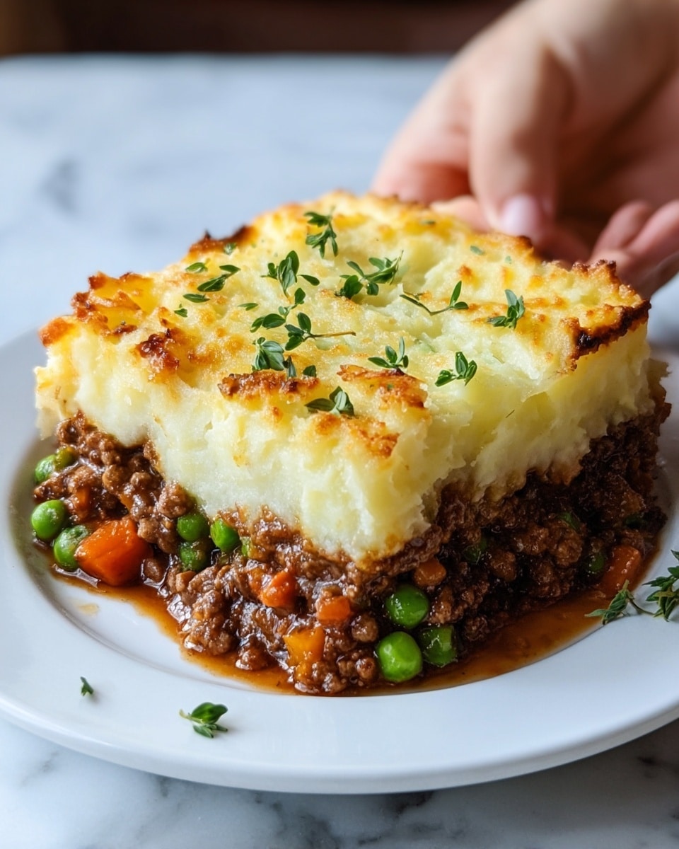 A close-up of a white plate holding a square slice of shepherd's pie with two layers: the bottom layer is rich, dark brown minced meat mixed with green peas and small orange carrot pieces in a thick sauce, and the top layer is a fluffy, creamy mashed potato crust that is golden brown and slightly crispy around the edges with a few small fresh green herb sprigs scattered on top. A woman's hand is visible in the background lightly touching the plate, and the dish is set on a white marbled surface. photo taken with an iphone --ar 4:5 --v 7