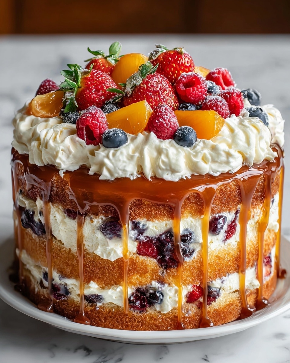 A two-layer cake with a golden brown sponge base and middle layer filled with white cream and scattered blueberries and raspberries. The top layer is covered in smooth white cream, drizzled with shiny caramel sauce running down the sides. On top, there are dollops of white whipped cream, fresh whole raspberries, strawberries, blueberries, and pieces of orange fruit. The cake sits on a white plate on a white marbled surface. photo taken with an iphone --ar 4:5 --v 7