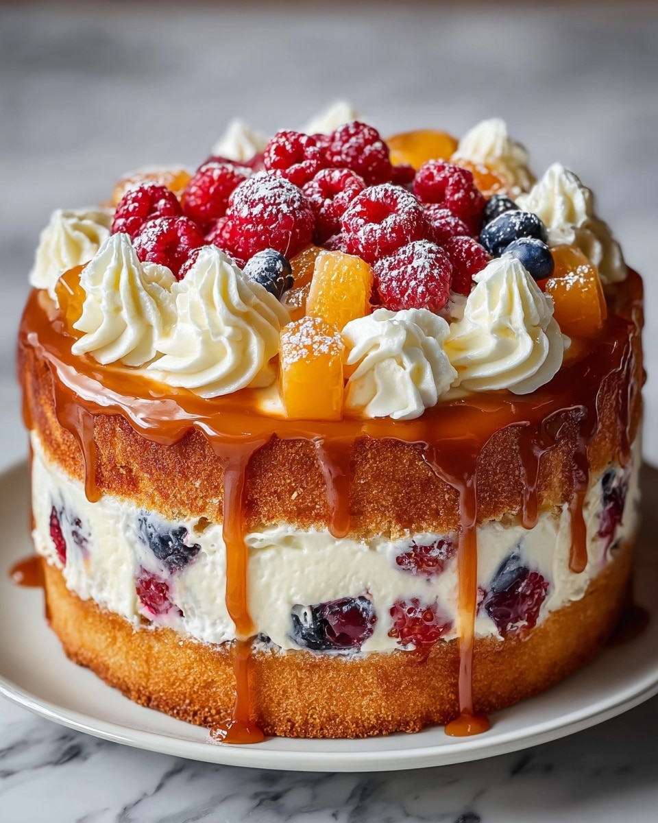 A two-layered cake with a golden sponge base and middle layer, filled with white cream mixed with blueberries and raspberries. On top, there is a smooth white cream layer covered with amber caramel syrup dripping down the sides. The top layer is decorated with whole raspberries, strawberries, blueberries, chunks of yellow-orange fruit, and swirls of white whipped cream, all lightly dusted with powdered sugar. The cake sits on a white plate over a white marbled surface. photo taken with an iphone --ar 4:5 --v 7