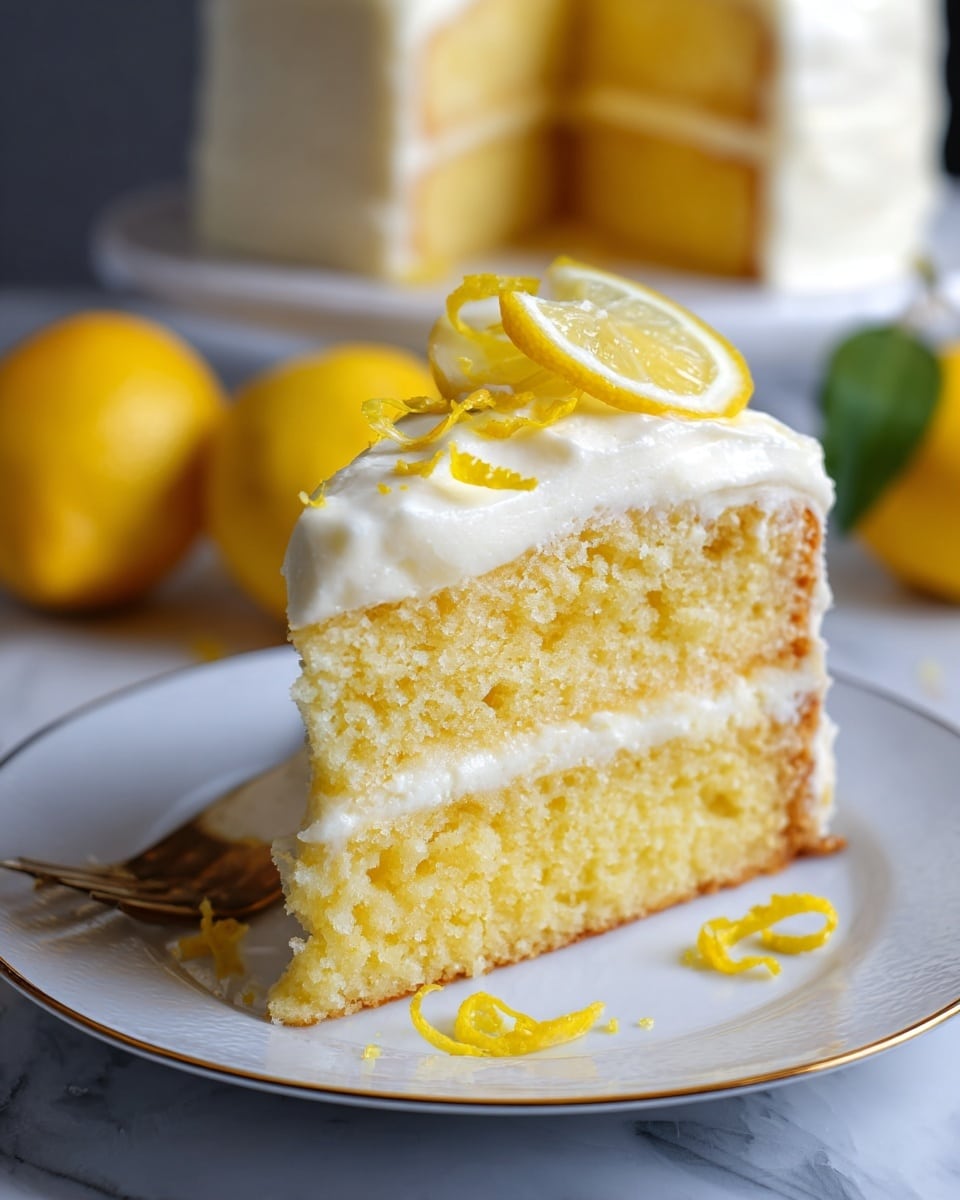 A slice of two-layer yellow cake with white creamy frosting between layers and on top is placed on a white plate with a thin gold rim. The cake has a soft and moist texture with visible crumbs, and the frosting looks thick and smooth, slightly fluffy. On top of the cake slice, there are thin, bright yellow lemon slices arranged in a small stack, and some small lemon zest curls are scattered on the frosting between the layers and on the plate. In the background, there are whole lemons and a blurred second cake with the same frosting. The photo is taken close-up on a white marbled surface. photo taken with an iphone --ar 4:5 --v 7