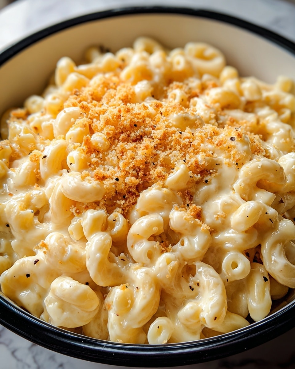 A close-up image of macaroni and cheese served in a white bowl with a black rim, showing creamy, pale yellow elbow macaroni noodles coated in a smooth cheese sauce. There is a layer of golden brown toasted breadcrumb topping sprinkled in the center, adding texture and a slight crunch. The cheese sauce looks thick and glossy, covering each piece of pasta, with a few specks of black pepper visible. The bowl is placed on a white marbled texture. The photo taken with an iphone --ar 4:5 --v 7