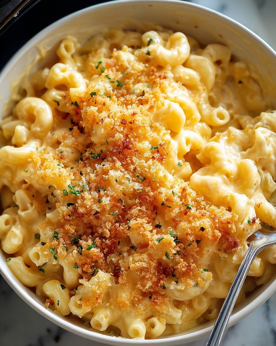 This image shows a close-up of creamy macaroni and cheese in a white bowl. The macaroni pasta is cooked soft and covered in rich, smooth, yellow cheese sauce. On top, there is a layer of crispy, golden brown breadcrumbs sprinkled with small bits of green herbs. A silver fork is stuck into the pasta on the right side, digging into the dish. Everything is sitting on a white marbled surface. The colors are warm and inviting, with a mix of creamy yellow, golden brown, and light green. photo taken with an iphone --ar 4:5 --v 7
