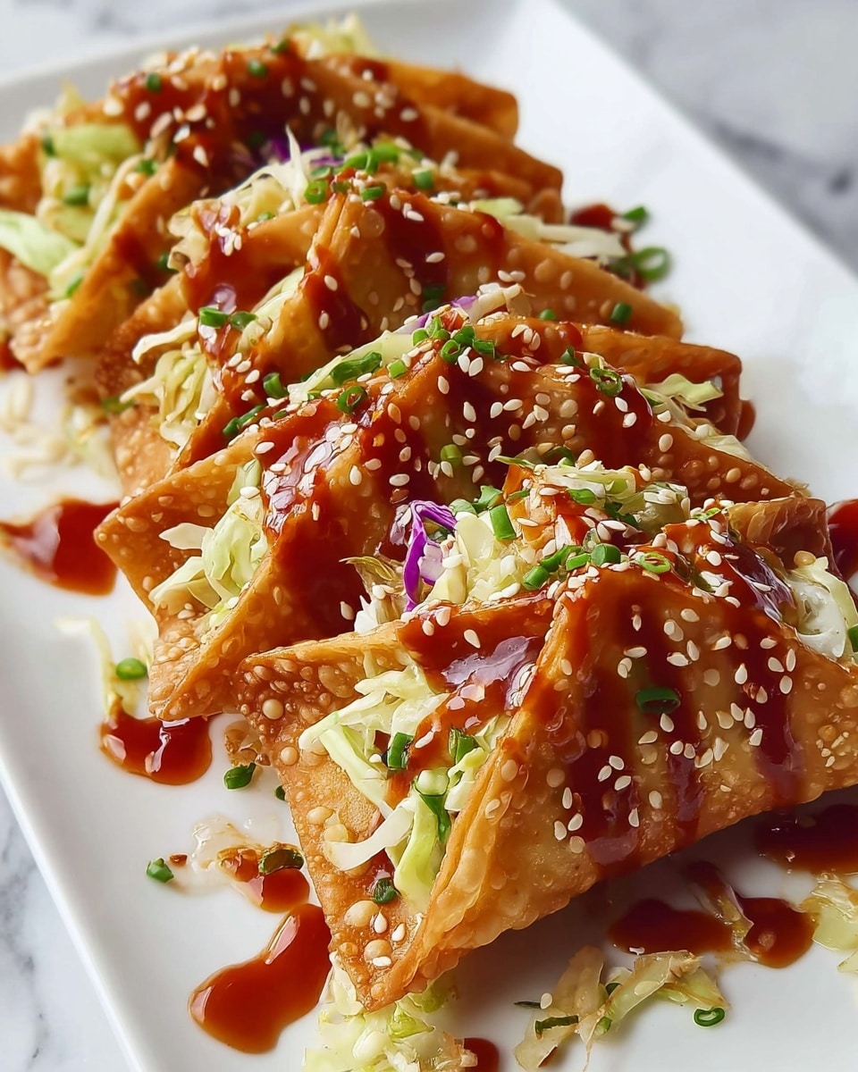 Four folded golden-brown fried wontons arranged in a row on a white plate, each filled with a layer of light green shredded cabbage mixed with small bits of purple cabbage and green herbs inside. The tops are drizzled with a thick, glossy reddish-brown sauce and sprinkled evenly with white sesame seeds and chopped green herbs. The plate sits on a white marbled surface, and some sauce and cabbage pieces are scattered around the base of the wontons. Photo taken with an iphone --ar 4:5 --v 7