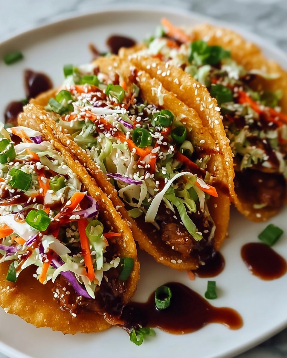 Three crispy golden taco shells are filled with a base layer of brown cooked meat, topped with a colorful mix of shredded white and purple cabbage, thin orange carrot strips, and fresh green herbs. A dark, glossy sauce is drizzled over the top, pooling slightly on the white plate below. White sesame seeds and chopped green onions are sprinkled all over the tacos and plate, adding texture and brightness. The tacos rest on a white marbled surface, arranged closely together in a neat row. Photo taken with an iphone --ar 4:5 --v 7