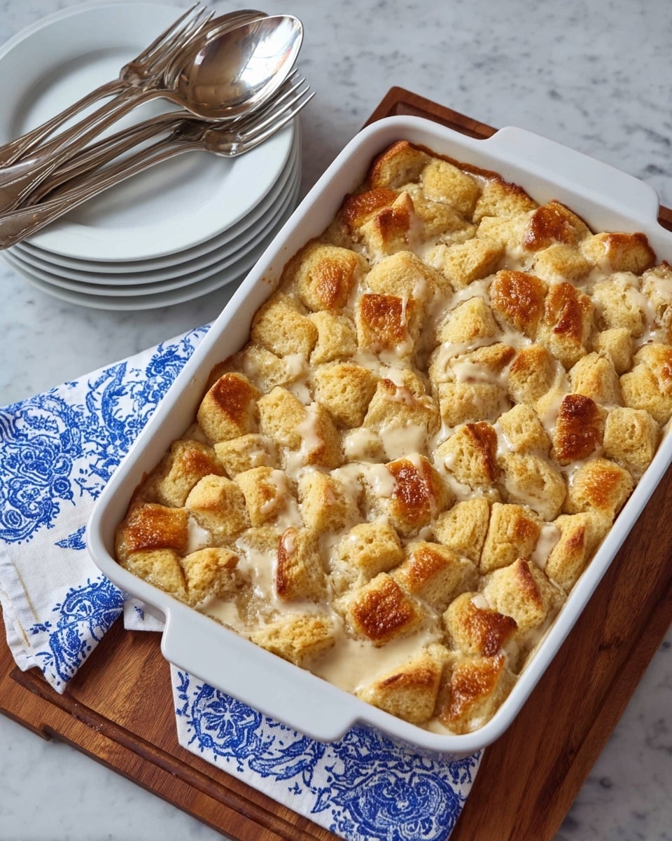 A white rectangular baking dish filled with a baked dessert made of many pieces of golden-brown, lightly toasted biscuit or dough chunks covering the top layer in an uneven pattern, creating a slightly puffy texture with some edges browned more than others. This top layer rests above a creamy, light-colored filling visible around some edges. The dish is set on a wooden board, with a silver large spoon tucked behind it, and nearby on a white marbled surface is a stack of white round plates with several silver forks resting on top. A white cloth with blue decorative patterns lies partially under the board. Photo taken with an iphone --ar 4:5 --v 7
