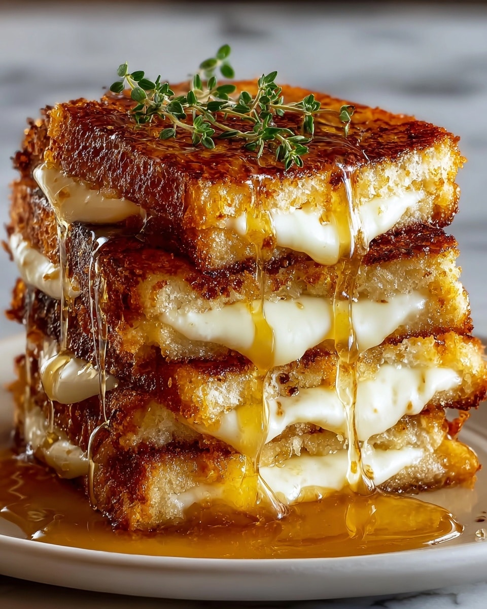 A close-up of a stack of three grilled cheese sandwiches, each sandwich showing a golden brown, crunchy outer layer with visible char marks. Between each layer, there is melted white cheese oozing out, soft and creamy in texture. The sandwiches are topped with a small sprig of fresh green thyme. Sweet amber syrup is being poured over the stack, dripping down the sides and pooling slightly at the base on a white plate. The background is a white marbled texture. Photo taken with an iphone --ar 4:5 --v 7