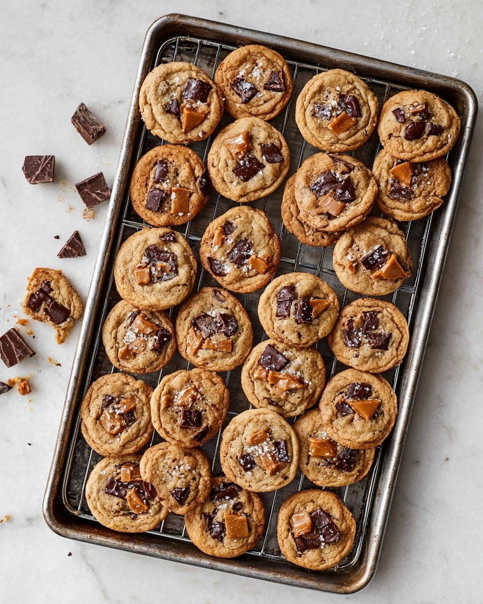 A metal baking tray holds around twenty small, round cookies with a golden-brown color, each studded with melted dark chocolate chunks and small bits of toffee that add a glossy amber texture on top. The cookies are arranged closely together on a cooling rack that sits inside the tray, with a few broken pieces of chocolate and toffee scattered around the edges. The cookies have a slightly cracked surface with visible sprinkles of coarse sea salt, giving a textured look. The whole scene rests on a white marbled surface. photo taken with an iphone --ar 4:5 --v 7