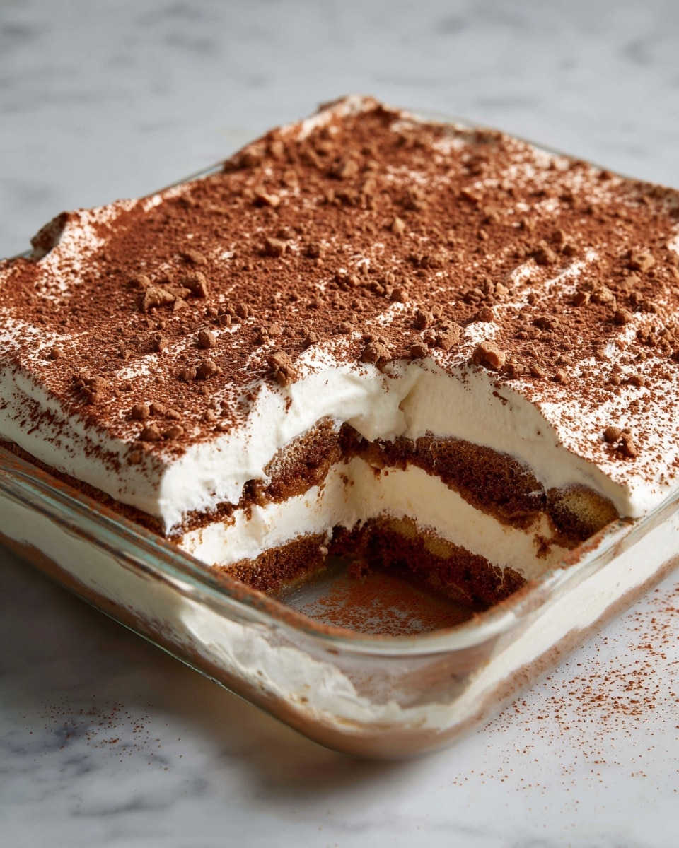 A glass dish holds a layered dessert with four visible layers: the bottom layer is dark brown soaked cake or biscuit base, followed by a thick white creamy layer, then another dark brown cake or biscuit layer, topped with a thick white cream layer. The top of the dessert is covered evenly with a fine dusting of light brown cocoa powder sprinkled with small crumbs or crushed bits. A scooped portion from one corner shows the soft, moist texture of the layers inside. The dish is placed on a white marbled texture surface. Photo taken with an iphone --ar 4:5 --v 7