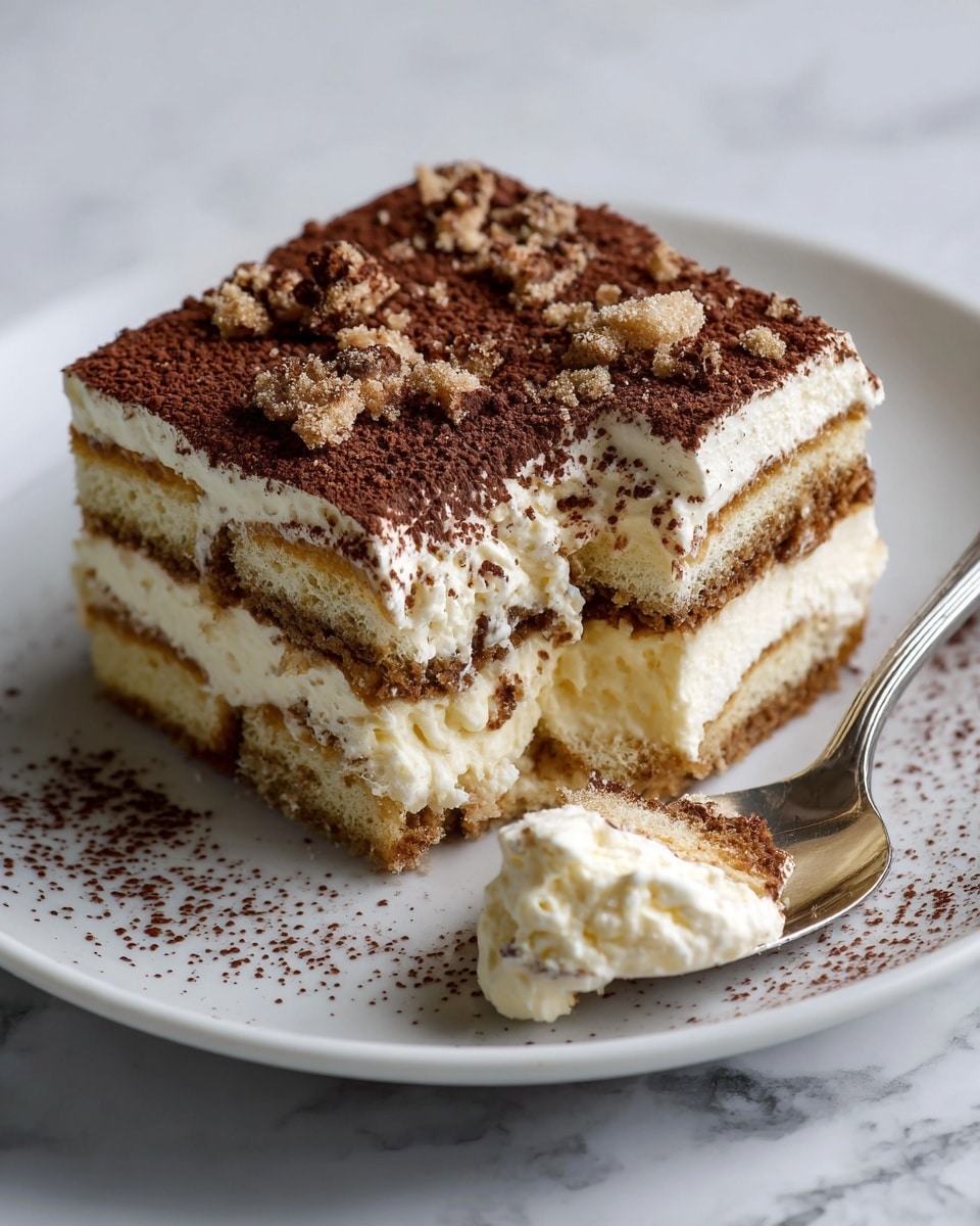 A white plate holds a square piece of tiramisu with three visible layers of light brown soaked ladyfinger biscuits alternating with three layers of creamy white mascarpone cheese. The top layer is dusted generously with dark cocoa powder and sprinkled with small crumbled pieces. A spoon in the foreground holds a scoop of the tiramisu, showing the soft, creamy texture mixed with the soaked biscuit soaked in coffee and cream. The background is a white marbled texture. photo taken with an iphone --ar 4:5 --v 7
