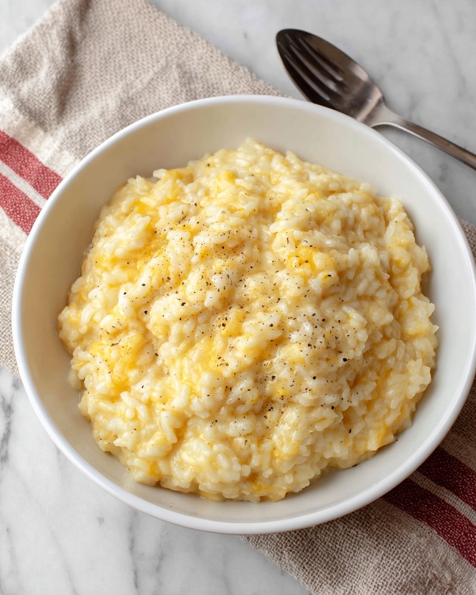 A white bowl is filled with creamy, cheesy risotto that has a soft, slightly lumpy texture. The risotto is pale yellow with melted cheese giving a smooth, shiny appearance throughout. Small specks of black pepper are sprinkled on top, adding contrast to the dish. The bowl sits on a white marbled surface next to a silver fork, and a beige cloth with red stripes is partially visible in the background. Photo taken with an iphone --ar 4:5 --v 7