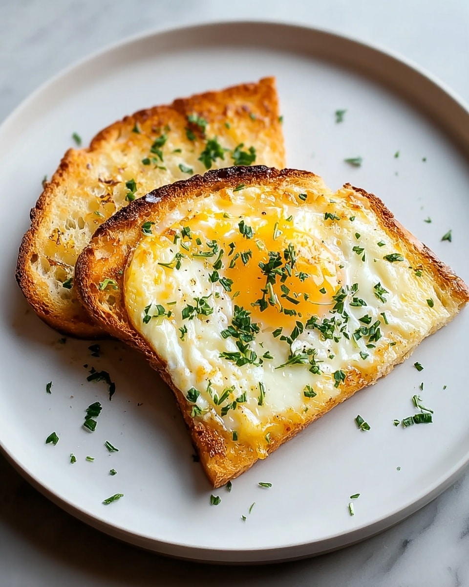 A white plate holds two slices of toasted bread, one placed behind the other. The top slice has a cooked egg on it with a golden-yellow yolk and white that is slightly browned and textured. Chopped green herbs are sprinkled over both toast slices and the plate. The toast is golden brown with a crispy texture along the edges and small darker spots. The plate sits on a white marbled surface. photo taken with an iphone --ar 4:5 --v 7