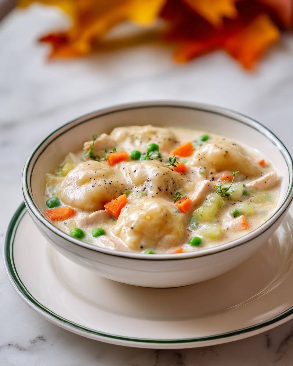 A close-up view of a creamy chicken and dumplings dish in a white bowl with a green rim, placed on a white plate on a white marbled surface. The dish features soft, pale dumplings floating in a thick, light creamy broth mixed with tender pieces of white chicken, small bright green peas, orange carrot cubes, and pale green celery pieces. The background shows blurry warm autumn-colored leaves. The texture looks smooth and rich with some black pepper specks visible in the sauce. Photo taken with an iphone --ar 4:5 --v 7