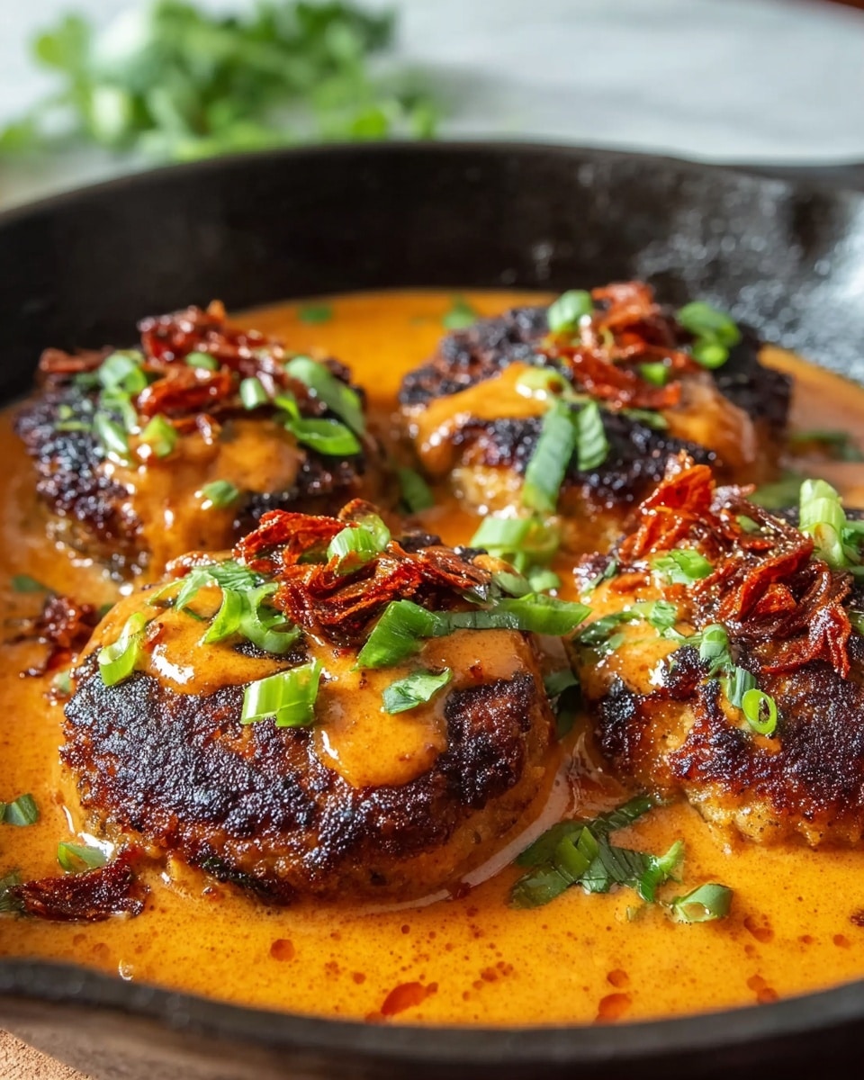Four thick, browned patties with a crispy, dark golden surface sit in a shallow pool of smooth, rich, orange-colored sauce inside a black cast iron pan. Each patty is topped with a drizzle of the same sauce and garnished with finely chopped bright green scallions and small pieces of crispy, reddish-brown fried onions. The background shows a soft blur with hints of green from fresh herbs. The whole scene rests on a white marbled texture. photo taken with an iphone --ar 4:5 --v 7