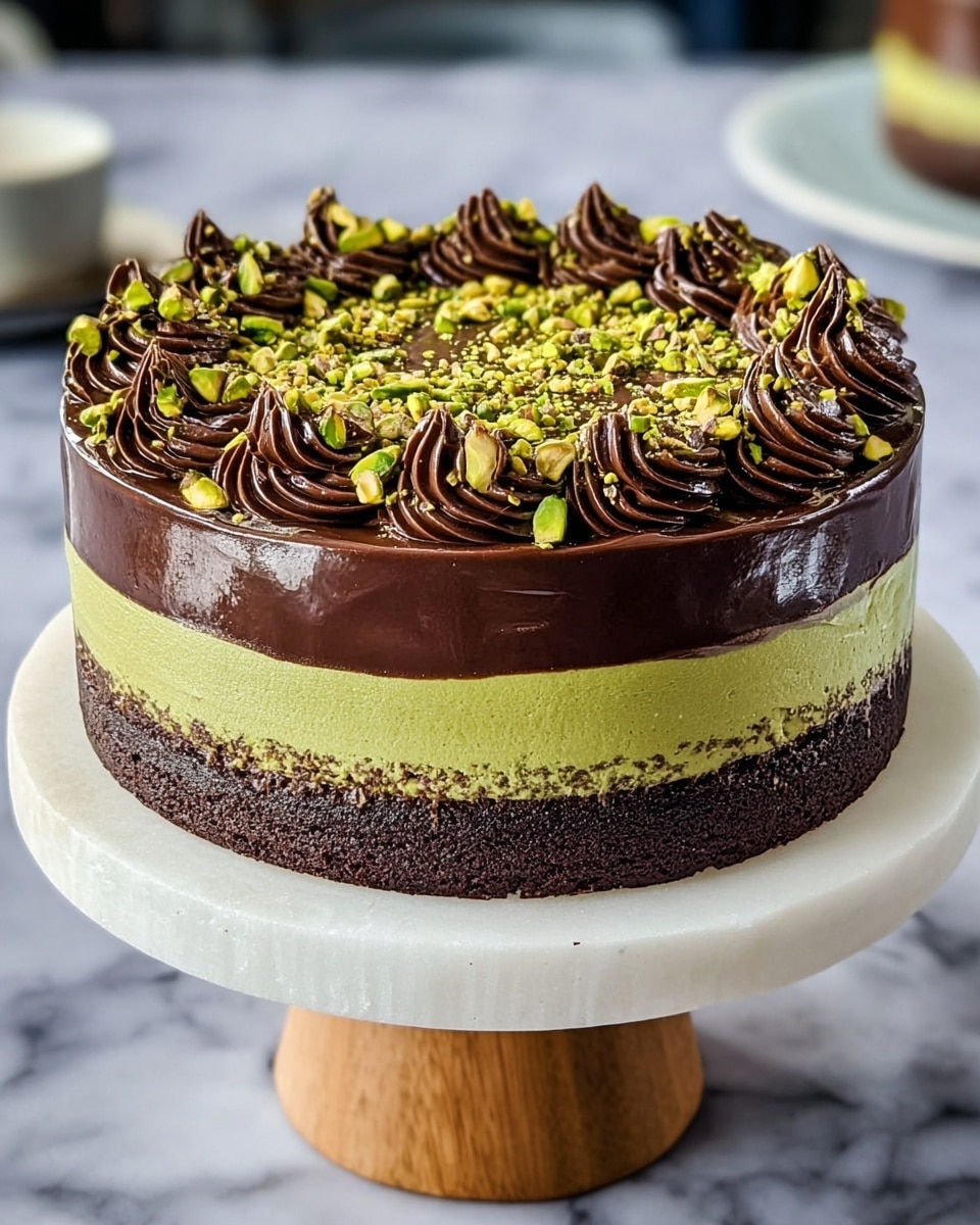A three-layer cake sits on a white marble cake stand with a wooden base, placed on a white marbled surface. The bottom layer is dark brown with a crumbly texture, the middle layer is green and smooth, and the top layer is a glossy dark chocolate ganache. The top is decorated with shiny chocolate frosting swirls around the edge and sprinkled with chopped green pistachios evenly spread across the surface. The cake looks rich and smooth with bright green nut pieces providing a contrast to the dark chocolate. photo taken with an iphone --ar 4:5 --v 7
