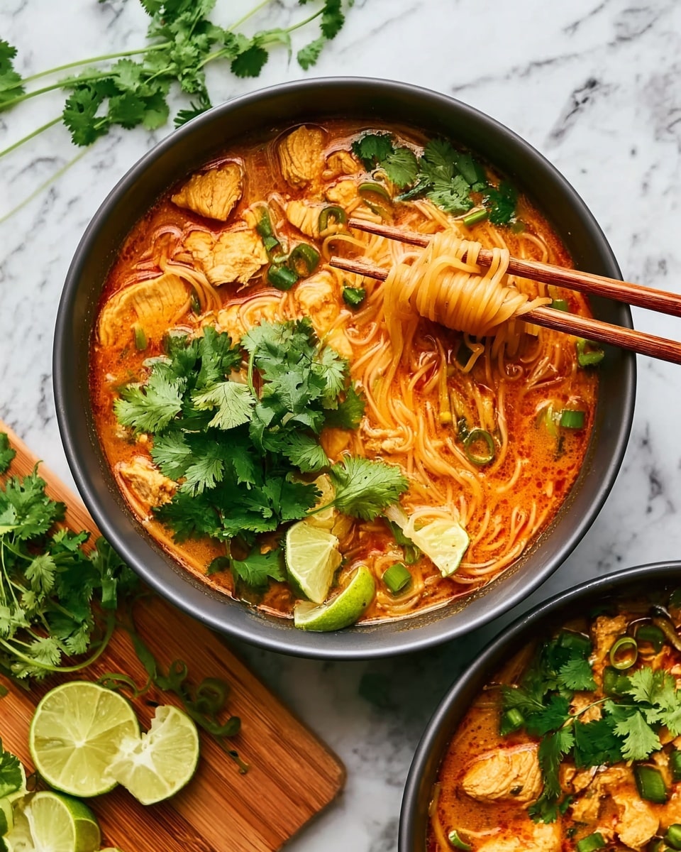 A deep gray bowl filled with a rich orange broth containing thin noodles and chunks of cooked chicken, topped with fresh green cilantro leaves placed mostly on one side, bright green sliced scallions scattered nearby, and two lime wedges resting on the edge of the bowl. A pair of wooden chopsticks lifts a small bundle of noodles from the bowl. The bowl sits on a white marbled surface with a wooden board nearby holding more lime wedges and some green scallions, with additional fresh cilantro sprigs lying around. Photo taken with an iphone --ar 4:5 --v 7