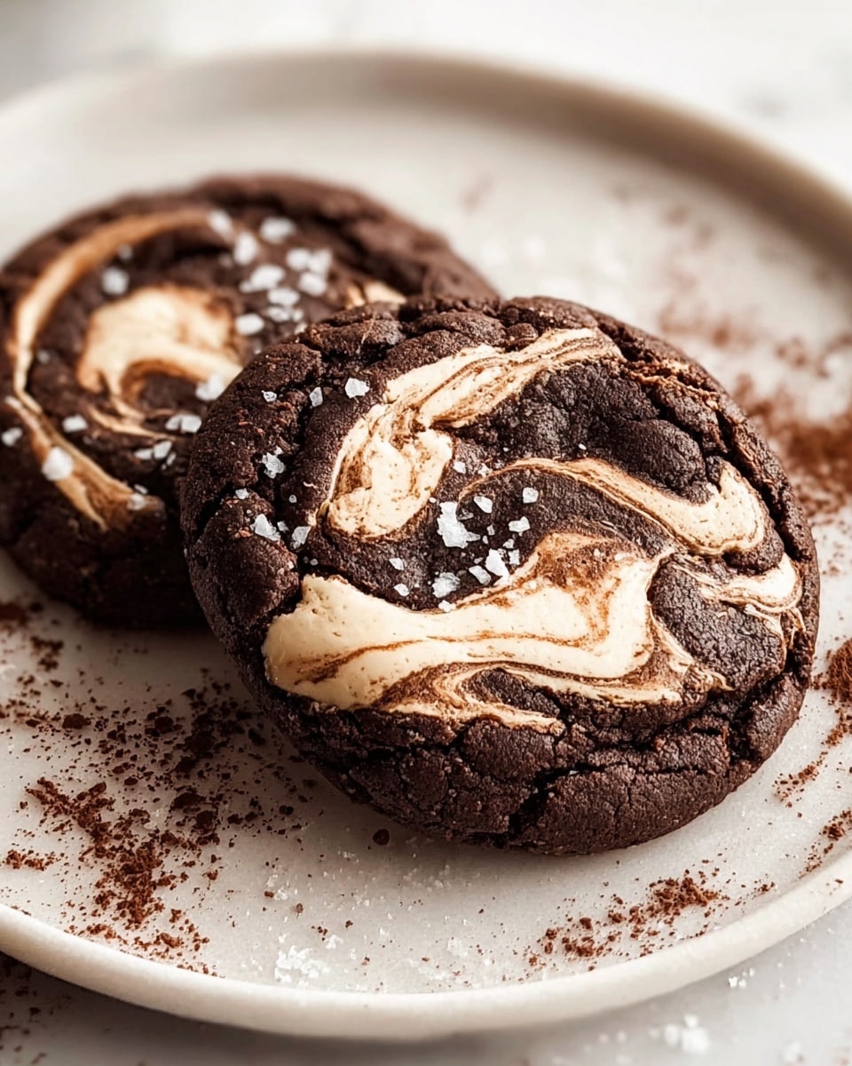 Two dark brown chocolate cookies sit on a white plate with a white marbled texture under it. Each cookie has a creamy light brown swirl on top that blends smoothly into the chocolate base, creating a marbled appearance. The surface of the cookies is cracked slightly, revealing a soft texture inside. Small flakes of coarse salt are sprinkled on top and around the cookies on the plate, with scattered crumbs and cocoa powder adding a rustic touch. The photo is closely zoomed in, showing the rich texture and details of the cookies. Photo taken with an iphone --ar 4:5 --v 7