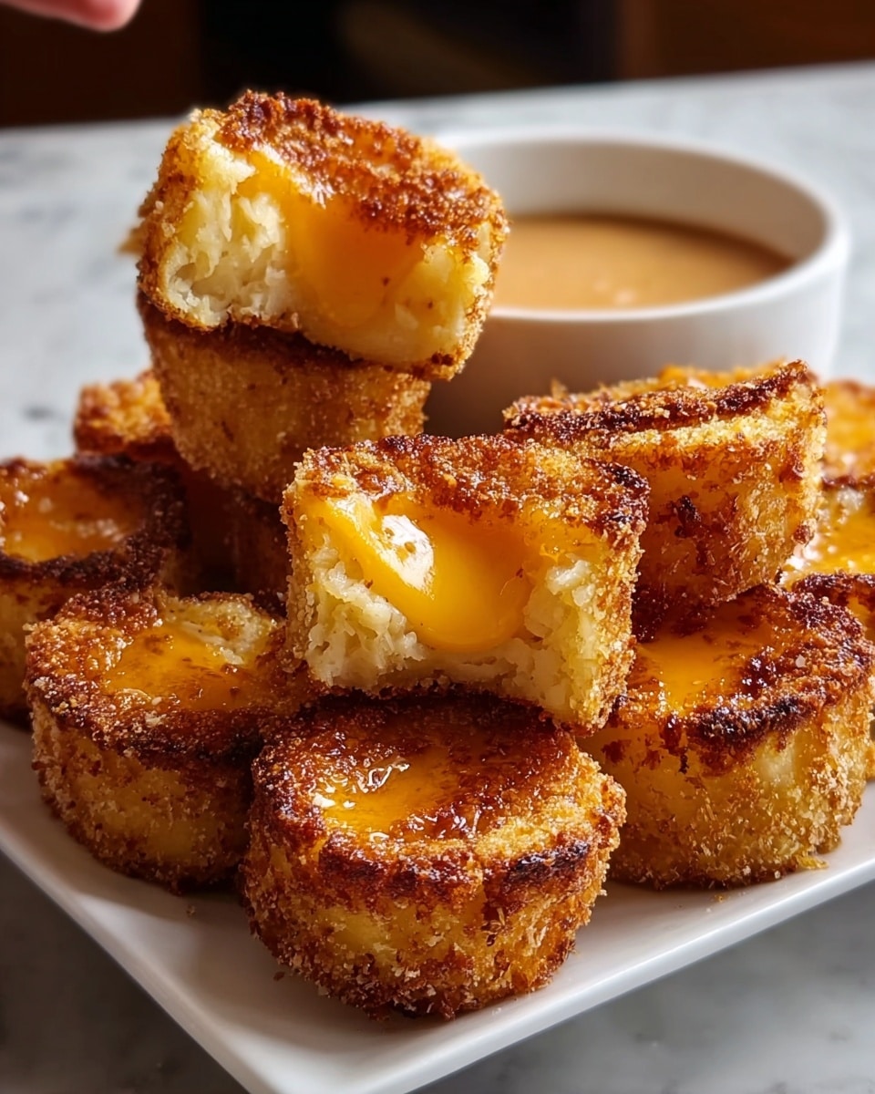 The image shows a white rectangular plate filled with golden brown, crispy bite-sized rounds of fried cornbread or cheesy bread. Each piece has two visible layers: a crunchy, browned outer crust with a coarse texture, and a soft, yellow-orange melted cheese layer inside that oozes slightly from the edges. The pieces are stacked in a small pile, with one piece held by a woman's hand lifting it up to reveal the gooey cheese inside. In the background, there is a small white bowl filled with a light brown dipping sauce, all set on a white marbled surface. photo taken with an iphone --ar 4:5 --v 7
