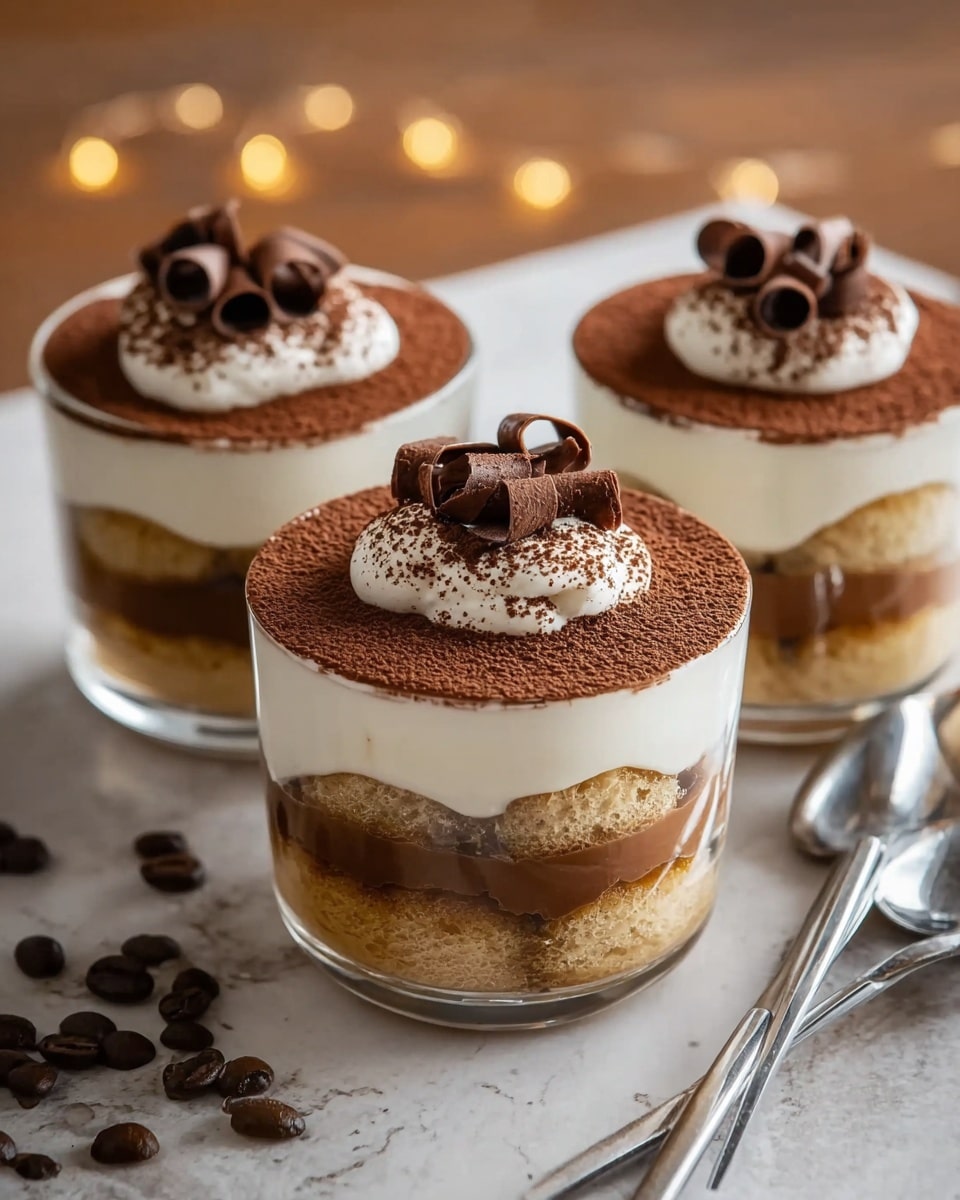 Three glass cups each hold a layered dessert with three main layers. The bottom and middle layers are light brown soft cake soaked with coffee, the layer above each is thick white creamy filling. The top layer is a smooth dusting of dark brown cocoa powder. On top of each dessert, there are several curled chocolate shavings. The cups are placed on a white marbled surface with some dark roasted coffee beans scattered around and two metal spoons. Soft warm lights are blurred in the background. Photo taken with an iphone --ar 4:5 --v 7