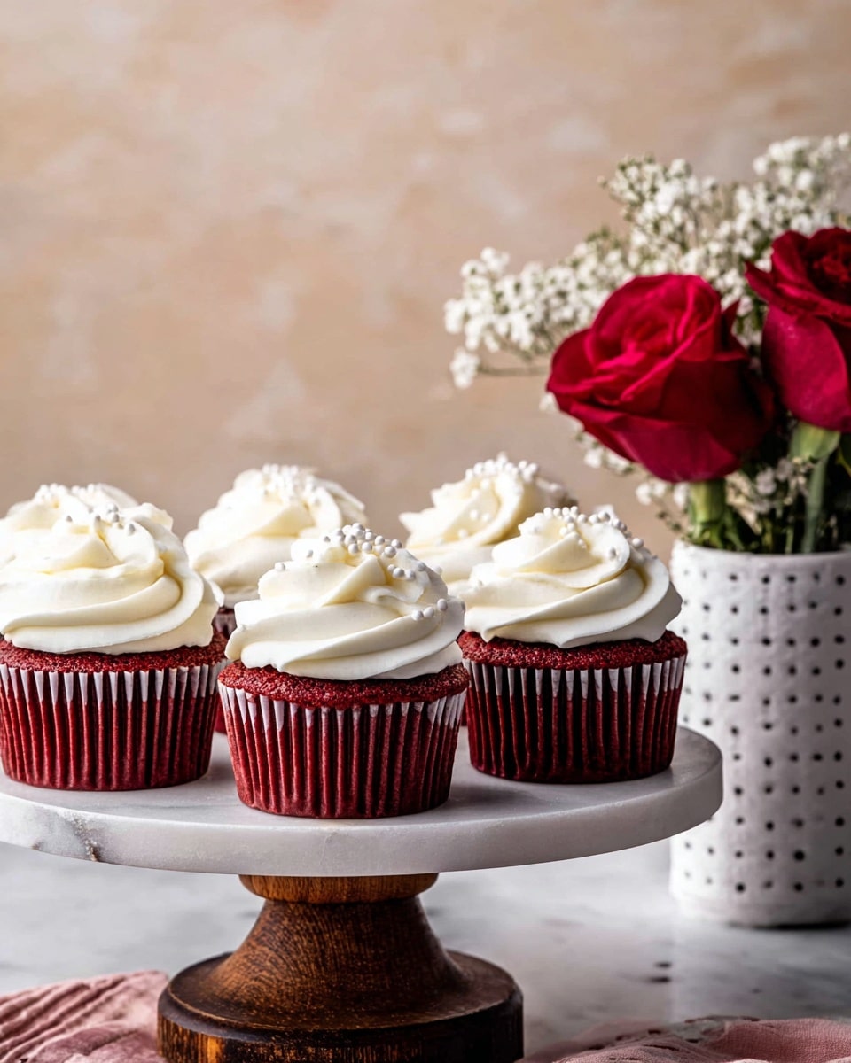 The image shows five red velvet cupcakes arranged on a white marbled surface, with one cupcake in the front and center as the main focus. Each cupcake has two layers: a deep red, slightly textured cake base wrapped in a ridged red paper liner, and a thick swirl of smooth, creamy white frosting on top decorated with small white edible pearls. The frosting is swirled in soft peaks, giving a light and fluffy appearance. A red flower is partially visible on the right side of the image, adding a touch of color contrast. Photo taken with an iphone --ar 4:5 --v 7