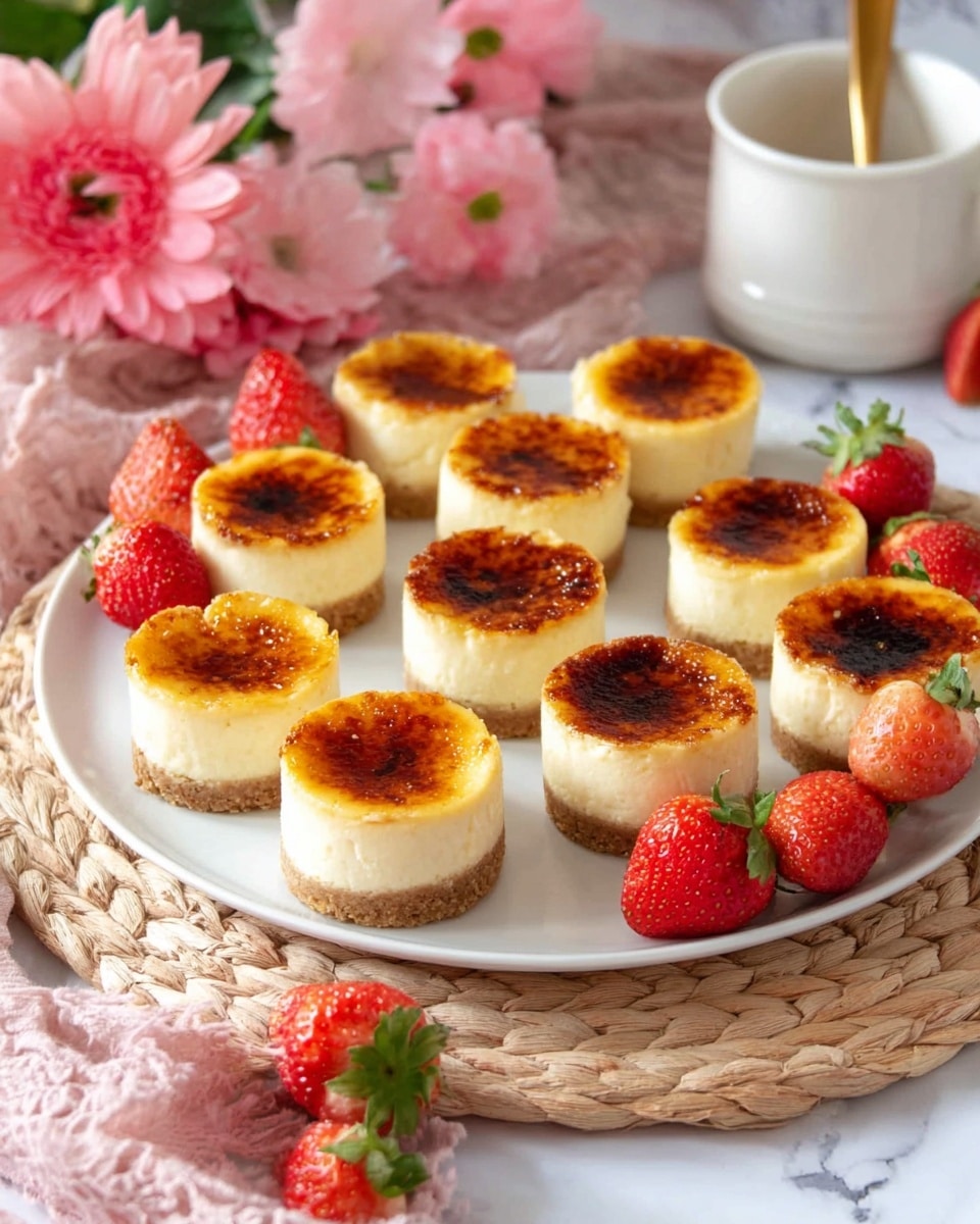 The image shows a white plate with ten small round cheesecakes arranged in two rows and a few scattered on the side. Each cheesecake has three layers: a bottom crumbly brown crust, a thick smooth creamy white middle layer, and a top golden caramelized layer with dark brown spots, giving a burnt sugar look. Some fresh whole and halved strawberries are placed around the plate, adding bright red color. The plate sits on a woven placemat with a soft pink cloth and large pink flowers nearby, all set on a white marbled surface. In the background, there is a white cup with a golden spoon inside. Photo taken with an iphone --ar 4:5 --v 7