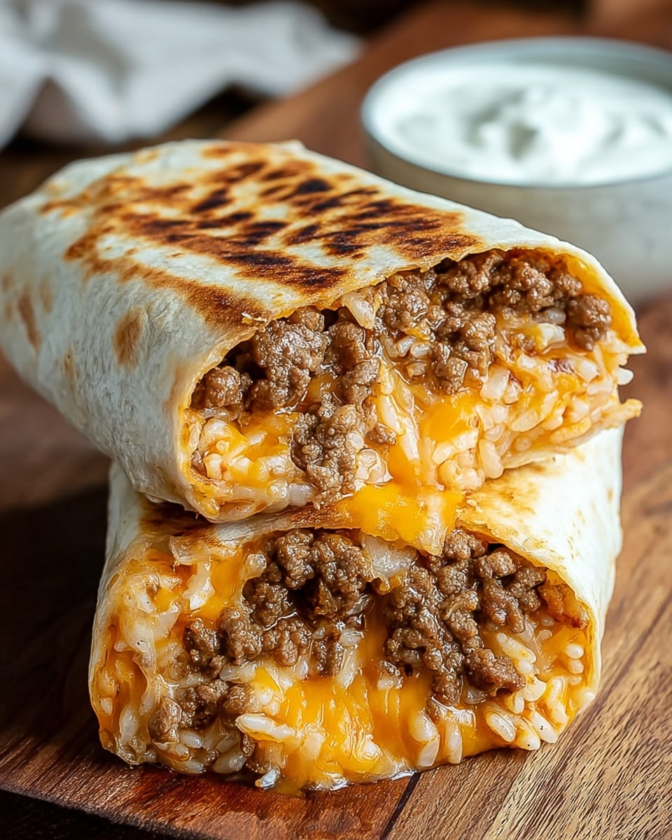 A grilled burrito cut in half shows two layers inside the soft, slightly browned tortilla. The outer layer is melted orange and white cheese that stretches as the burrito is pulled apart. Inside, there is a thick layer of cooked ground beef with a brown, crumbly texture mixed with small bits of white rice. The burrito pieces are stacked with one on top of the other on a wooden surface, and a small white bowl of light sour cream is blurred in the background with a white marbled texture. photo taken with an iphone --ar 4:5 --v 7