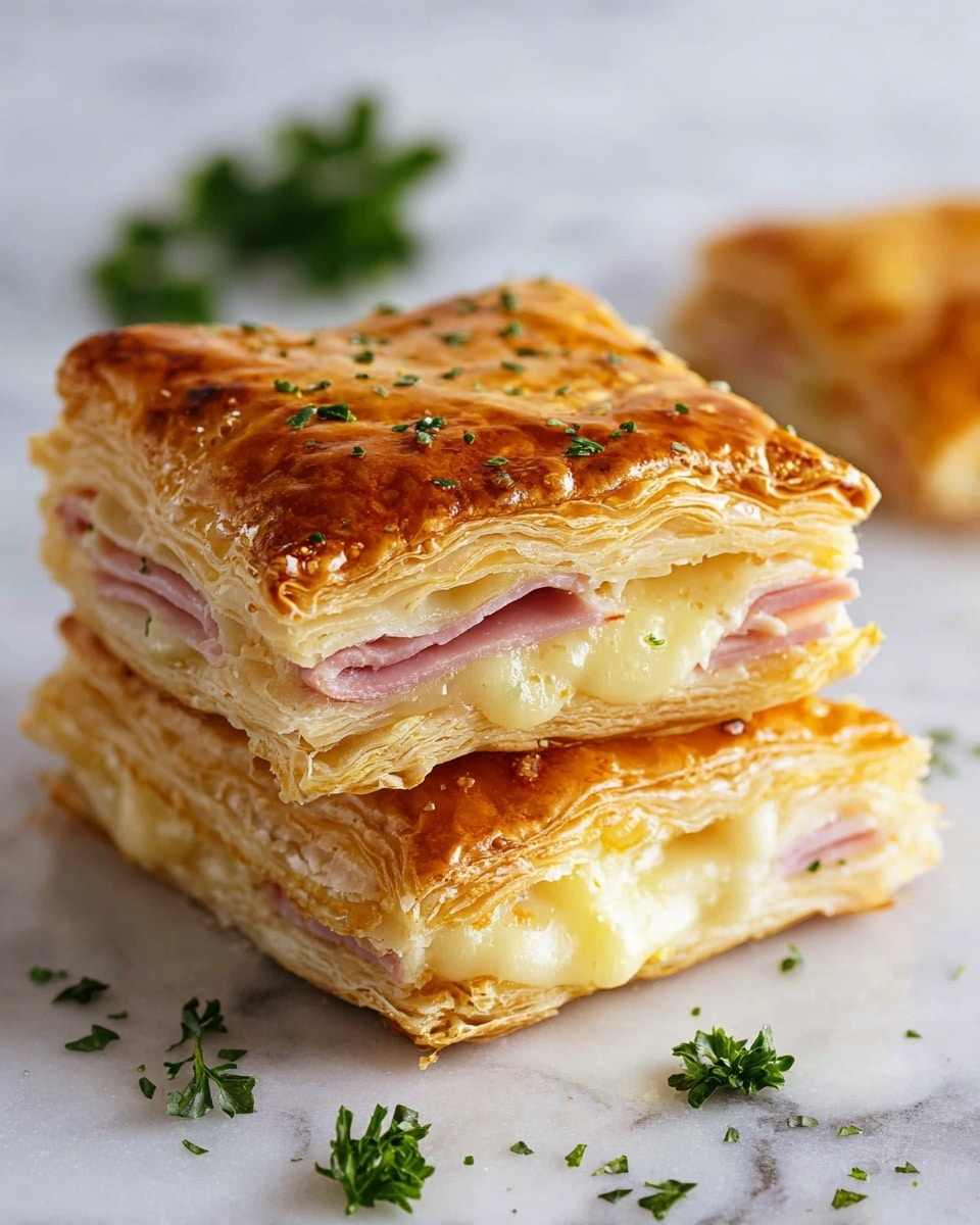 The image shows two square pieces of puff pastry stacked on top of each other on a white marbled surface. Each piece has multiple flaky golden brown layers, with the top crust shiny and slightly crispy, sprinkled with small green herb bits. Between the layers of pastry is a creamy, melted cheese filling that is pale yellow, mixed with thick slices of pink ham. Small green parsley leaves are scattered around the pastries on the surface, adding a fresh touch. Photo taken with an iphone --ar 4:5 --v 7