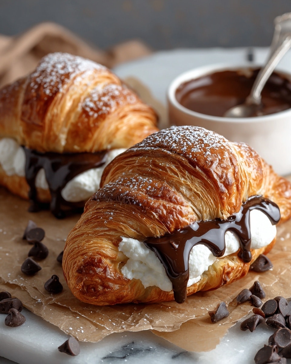 Two golden brown croissants with flaky, layered textures are filled with thick white cream at the bottom layer and topped with rich, glossy dark chocolate dripping down one side. The croissants rest on a piece of light brown parchment paper with several scattered chocolate chips around them. In the background is a white cup filled with melted dark chocolate and a spoon inside it, all placed on a white marbled surface. The croissants have a dusting of powdered sugar on top. photo taken with an iphone --ar 4:5 --v 7