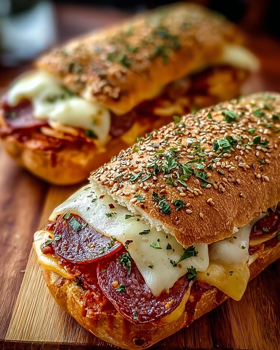 The image shows two sandwich halves placed on a wooden board, each made with a sesame seed-covered bun that is golden brown on the outside and soft white on the inside. The bottom layer includes bacon strips and cooked yellow corn kernels, followed by a layer of pepperoni slices with a speckled red color. On top of the pepperoni is melted white cheese that drapes over the edges and has a slightly browned texture. The top bun is sprinkled with sesame seeds and small green herbs, adding a fresh contrast to the warm colors below. The sandwiches are set against a white marbled texture background. photo taken with an iphone --ar 4:5 --v 7