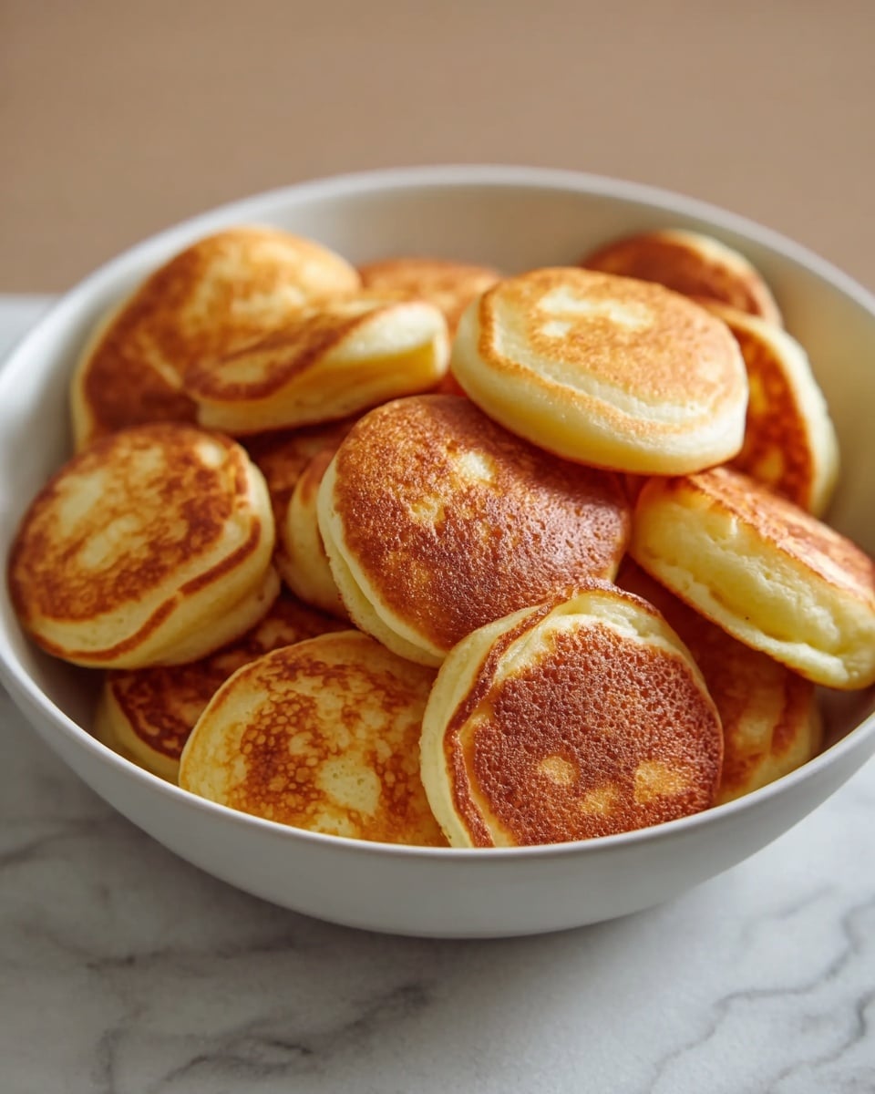 A white bowl filled with small, round, golden-brown cake balls that have a crispy and slightly uneven browned top layer and a soft, lighter yellow bottom. They are piled closely together, showing their textured surfaces with some spots darker than others, indicating a well-cooked exterior. The bowl sits on a white marbled surface. photo taken with an iphone --ar 4:5 --v 7