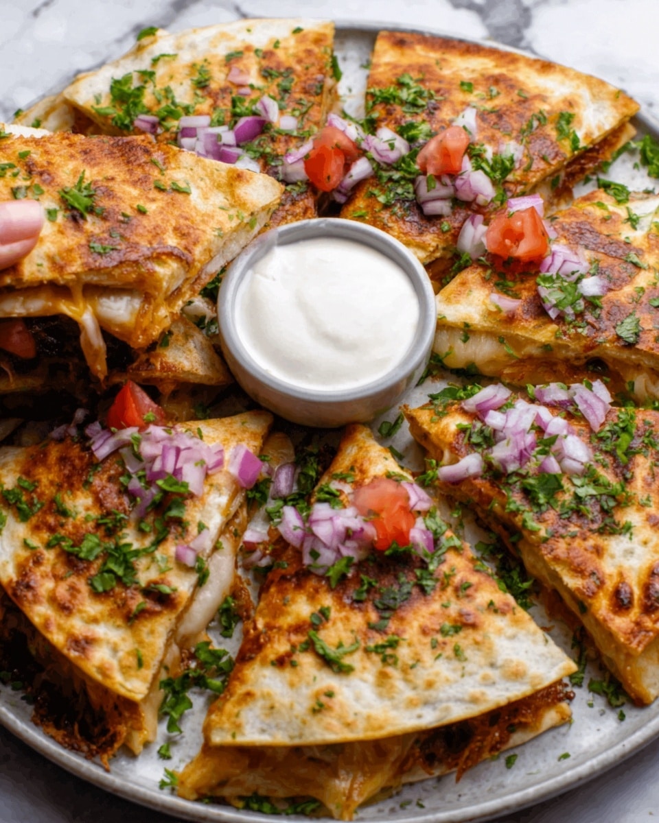 A white plate holds eight triangular quesadilla slices arranged in a circle, each slice showing golden-brown, slightly crispy cheese layers with bits of green herbs on top. In the center, there is a small white bowl filled with a creamy white sauce. The quesadillas are garnished with finely chopped red onions, small green herb leaves, and a few small bright red pieces that look like tomatoes. A woman's hand is reaching from the left side toward one slice. The background surface has a white marbled texture. photo taken with an iphone --ar 4:5 --v 7