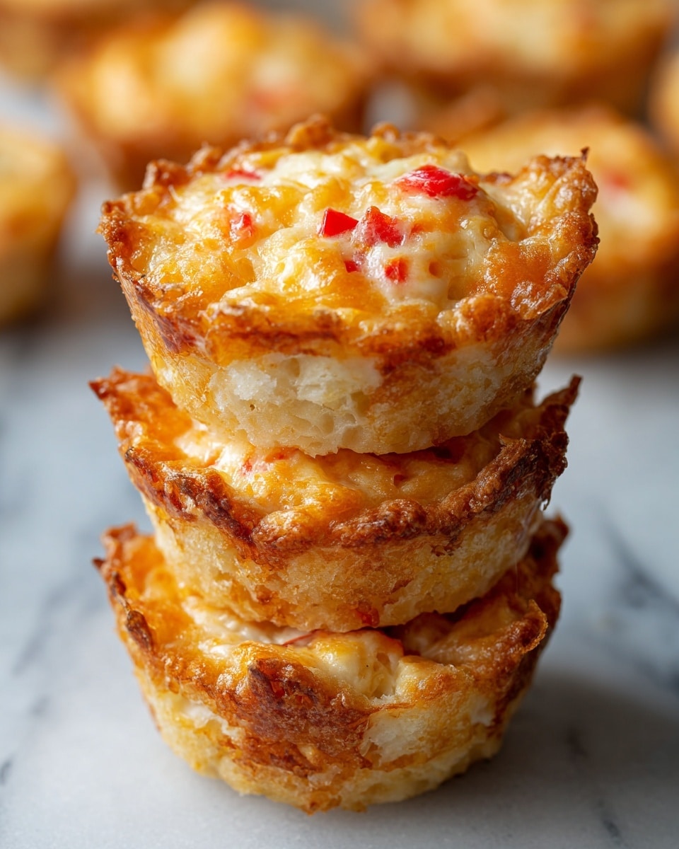 A close-up of three small tartlets stacked on top of each other, each with a golden-brown, flaky crust forming the base and sides. The filling is creamy and cheesy with a slightly browned top, dotted with small bits of red pieces that add color contrast. The tartlets have a rough, textured crust edge and a smooth, bubbly surface on the melted cheese. In the background, out-of-focus tartlets sit on a white marbled surface. Photo taken with an iphone --ar 4:5 --v 7