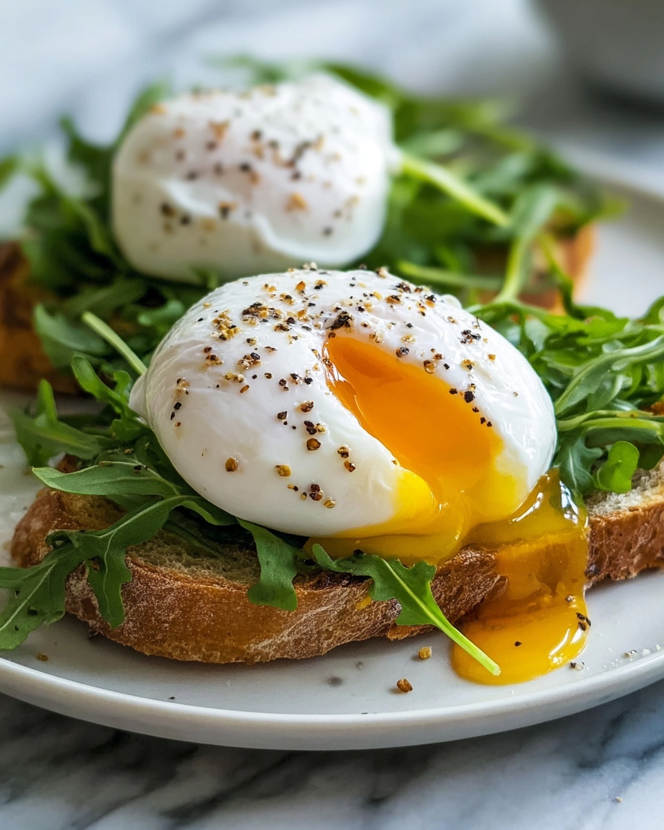 The image shows two pieces of toasted bread as the bottom layer, with a slightly golden-brown crust and soft inside. On top of the bread is a layer of fresh, bright green arugula leaves, spread evenly. The main focus is two perfectly poached eggs placed over the greens, with smooth, glossy white egg whites covering the yolks. The yolks are bright golden yellow and slightly runny, leaking gently over the egg whites. A sprinkle of cracked black pepper is spread over the eggs adding texture and contrast. The dish sits on a white plate with a white marbled texture in the background. Photo taken with an iphone --ar 4:5 --v 7