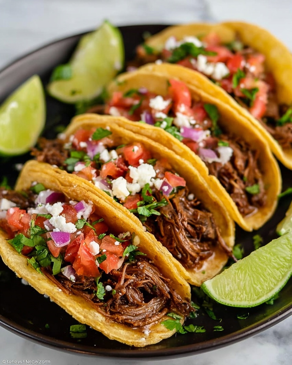 The image shows four small tacos arranged in a row on a white plate, placed on a white marbled surface. Each taco has a soft yellow corn tortilla folded in half, filled with shredded dark brown meat sitting at the bottom layer. On top of the meat, there is a layer of chopped red tomatoes, finely diced purple onions, and green cilantro leaves, giving a fresh, colorful look. Small white cheese crumbles are sprinkled over the top, adding texture. Around the plate, there are wedges of fresh green lime. The scene is close-up, showing the details and colors clearly. photo taken with an iphone --ar 4:5 --v 7