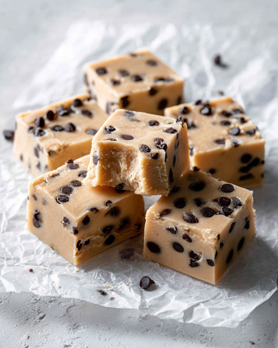 The image shows several pieces of raw chocolate chip cookie dough cut into thick squares with a creamy beige color and dark chocolate chips spread evenly inside each piece. Four pieces are arranged in a square shape with one piece showing a bite taken from the corner, revealing its soft texture. Behind these pieces are more cookie dough squares still attached to each other. All the dough pieces rest on crinkled white parchment paper placed over a white marbled surface. Light shines gently from one side, highlighting the dough's smooth and slightly shiny texture. Photo taken with an iphone --ar 4:5 --v 7