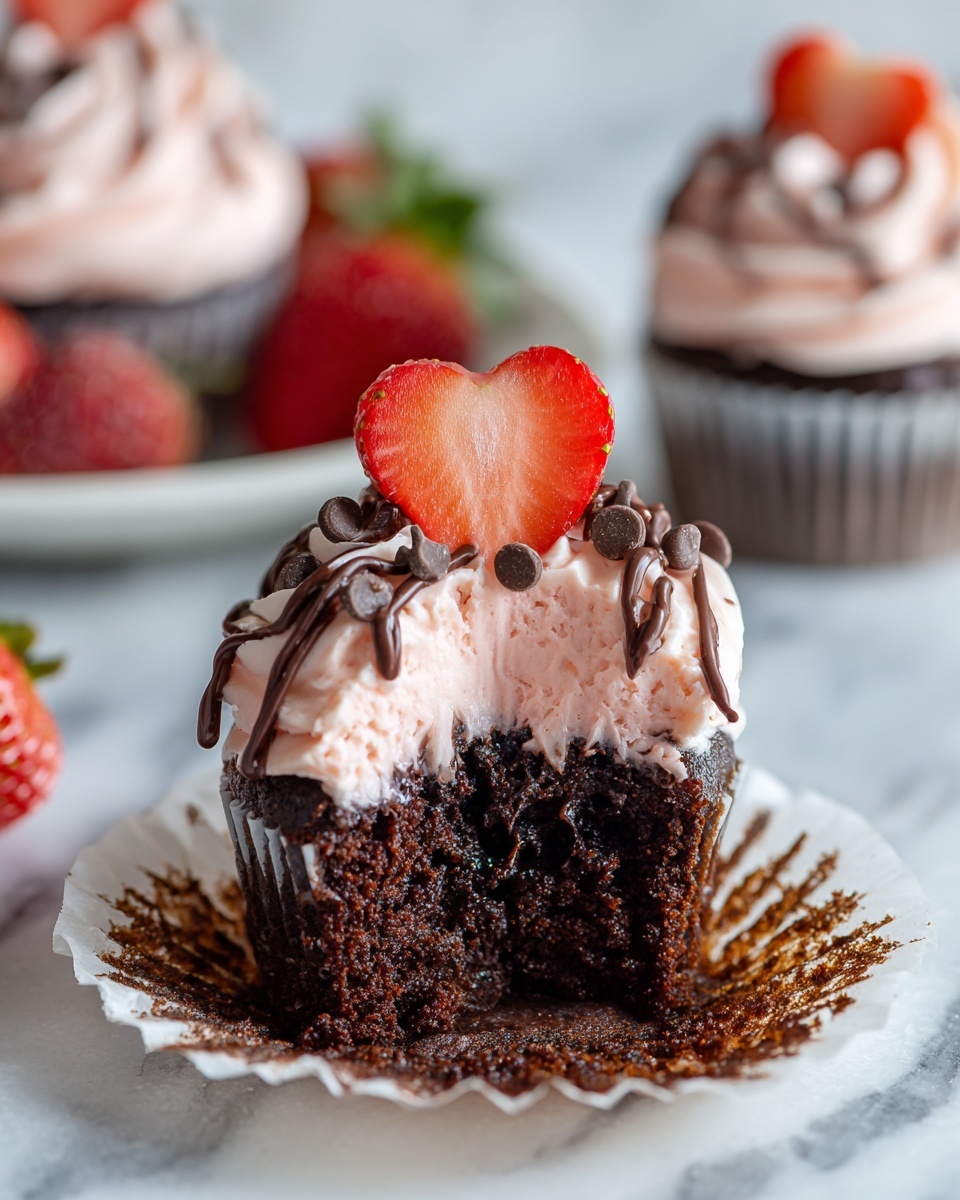 A chocolate cupcake with a dark brown moist base, partly unwrapped on a white marbled surface. The inside shows a gooey chocolate filling. On top, there is a smooth, light pink frosting piped in small swirls, decorated with thin dark brown chocolate drizzle and tiny chocolate chips scattered over it. A fresh, bright red strawberry slice cut in a heart shape stands upright in the center of the frosting. In the background, there are out-of-focus whole strawberries and another cupcake on a white plate. Photo taken with an iphone --ar 4:5 --v 7