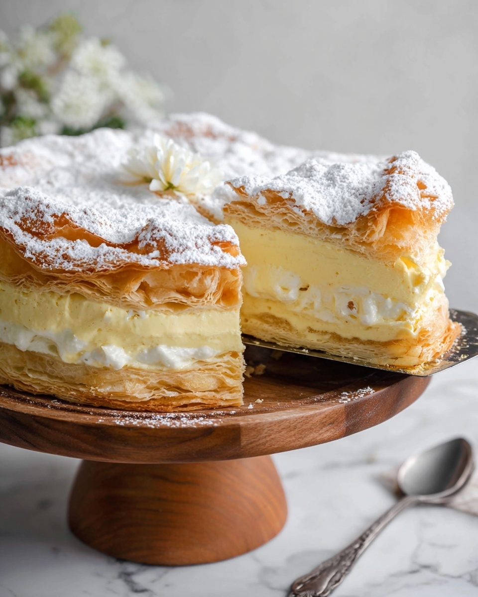 A creamy custard cake with three visible layers sits on a wooden cake stand against a white marbled surface. The bottom layer is a light golden puff pastry base, providing a flaky texture. In the middle is a thick pale yellow custard cream filling, smooth and rich. The top layer is a puffy, golden-brown puff pastry, dusted generously with white powdered sugar, giving a soft, snowy look. A silver cake server pulls out a slice, showing the layers clearly, and a small white flower decoration tops the cake. Photo taken with an iphone --ar 4:5 --v 7