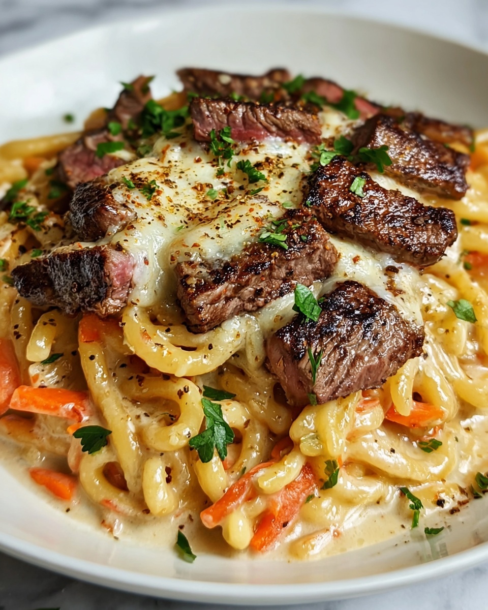This dish is served on a white plate with a white marbled surface background. It has three main layers: the bottom layer is creamy, golden-colored pasta noodles mixed with some thin orange carrot slices and scattered green herb bits; the middle layer consists of evenly spread browned steak pieces with visible grill marks and a slight pink center; the top layer is melted cheese with a golden, bubbly texture, sprinkled with black pepper and more green herbs, slightly covering the steak pieces. photo taken with an iphone --ar 4:5 --v 7
