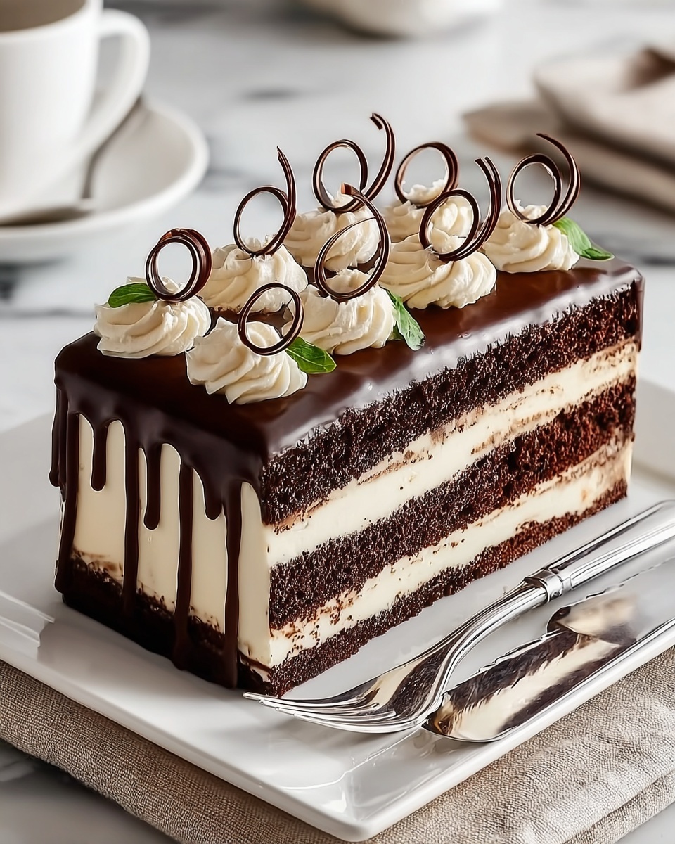 A rectangular slice of layered chocolate cake sits on a white square plate. The cake has five visible layers in total: three dark chocolate sponge layers alternating with two thick white creamy layers. A rich, glossy layer of dark chocolate glaze covers the top and flows down the sides in smooth drips. On top, there are six evenly spaced, white cream swirls decorated with thin, circular dark chocolate loops and a small green leaf at one end. A silver fork and knife rest on the plate next to the cake. The plate is placed on a beige cloth over a white marbled surface, with a blurred white cup and saucer in the background. Photo taken with an iphone --ar 4:5 --v 7