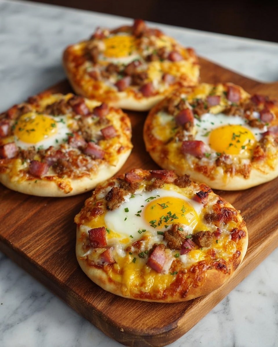 Four small round pizzas sit on a wooden board, each with a thick pale golden crust. The base layer is melted yellow cheese with some brown spots from baking. On top of the cheese, there are scattered chunks of cooked brown sausage and pinkish-red pieces of ham. Each pizza has a bright yellow cooked egg with a slightly runny yolk in the center, surrounded by white cooked egg whites. Some green herbs are lightly sprinkled on the eggs. The board rests on a white marbled surface. Photo taken with an iphone --ar 4:5 --v 7