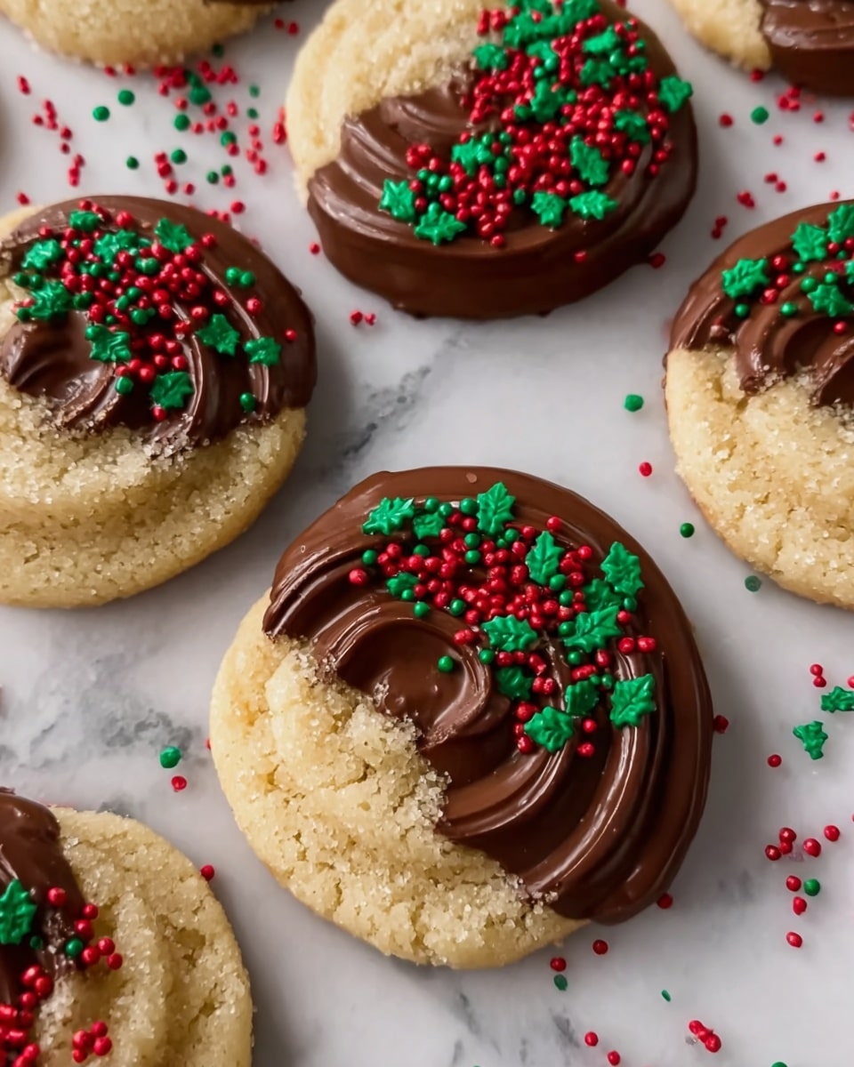 The image shows several round cookies with a circular swirl pattern on a white marbled surface. Each cookie is half coated with dark brown chocolate on one side, with the chocolate layer looking shiny and smooth. On top of the chocolate, there are small red round sprinkles and green sprinkles shaped like holly leaves. The plain side of the cookie is a light tan color with a crumbly texture. Some extra red and green sprinkles are scattered around the cookies on the white marbled surface. photo taken with an iphone --ar 4:5 --v 7
