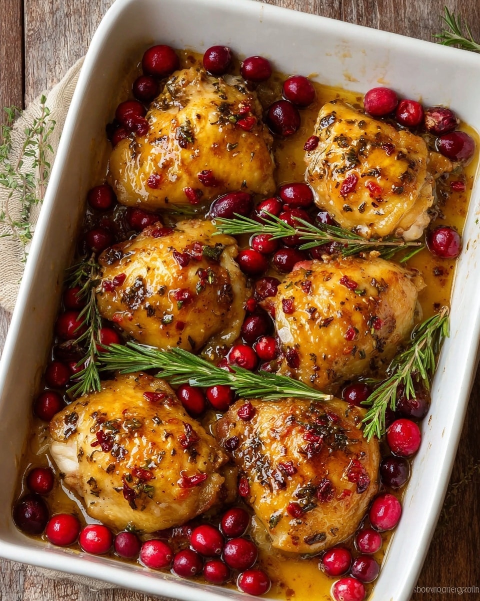 A white baking dish filled with five golden-brown chicken thighs, each covered in a shiny, slightly caramelized sauce speckled with herbs and small red cranberry pieces. Around and between the thighs are many whole, bright red cranberries, some slightly cooked and glossy. Sprigs of fresh green rosemary lie on top and among the chicken, adding texture and color contrast. The dish rests on a white marbled surface, with a rustic wooden background partially visible. Photo taken with an iphone --ar 4:5 --v 7