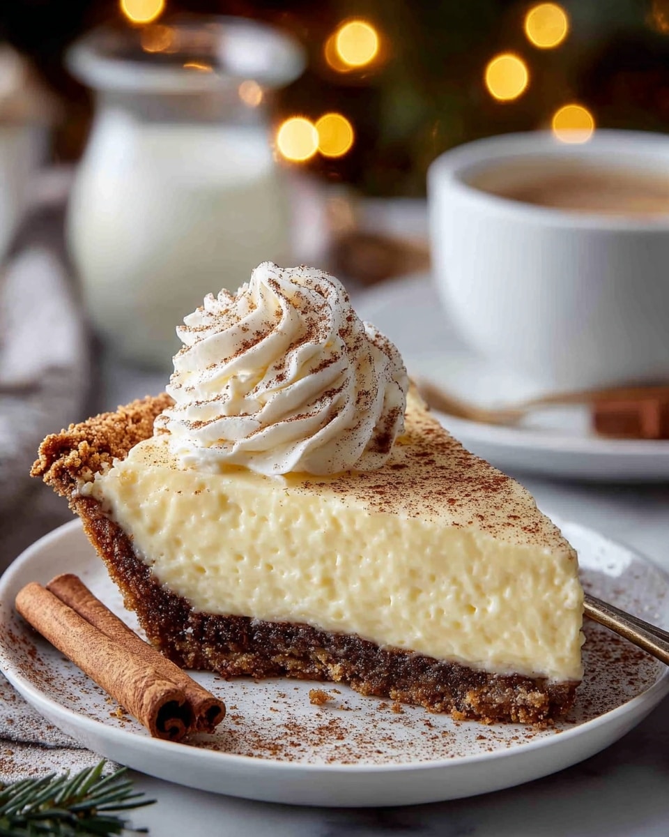 A slice of creamy, pale yellow pie with a thick, golden-brown crust sits on a white plate dusted with cinnamon powder. The pie has a firm, smooth custard layer above a crumbly, dark brown crust. On top of the pie is a fluffy swirl of white whipped cream sprinkled with cinnamon. A cinnamon stick rests beside the pie slice on the plate. In the background, there is a white cup and saucer along with a glass of milk, all set on a white marbled texture, with warm, blurred holiday lights adding a cozy feel. Photo taken with an iphone --ar 4:5 --v 7