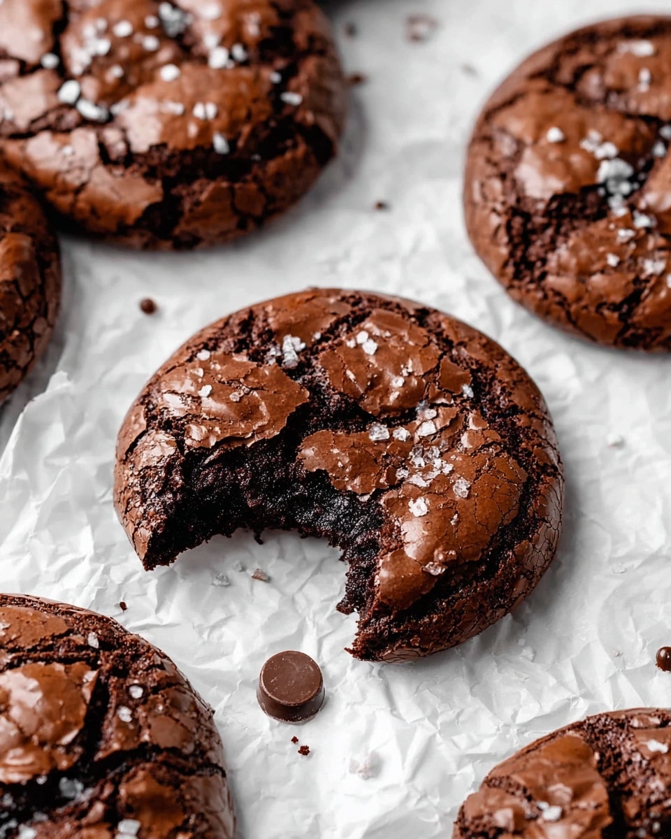 The image shows a close-up of several thick, round chocolate cookies with a cracked, shiny, dark brown surface sprinkled with coarse sea salt. One cookie in the center is broken to reveal a very dark, moist, fudgy inside with a dense texture. The cookies rest on crumpled white parchment paper scattered with some small milk chocolate pieces. The background is a white marbled texture that adds a clean contrast to the deep brown color of the cookies. Photo taken with an iphone --ar 4:5 --v 7