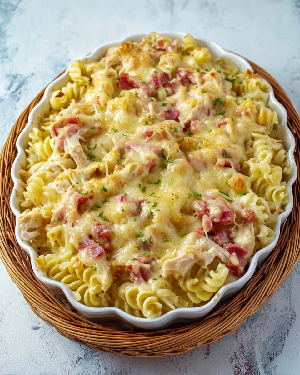 A white oval dish filled with a pasta bake featuring three visible layers: the bottom layer consists of curly pasta pieces with a slightly glossy yellow color, the middle layer includes scattered chunks of cooked chicken in pale white shades and pieces of red tomato, and the top layer is a melted, light yellow cheese with a slightly browned texture in spots, covering the entire surface. The dish is placed on a white marbled texture surface and has a thin decorative golden-brown rim around the edge. photo taken with an iphone --ar 4:5 --v 7
