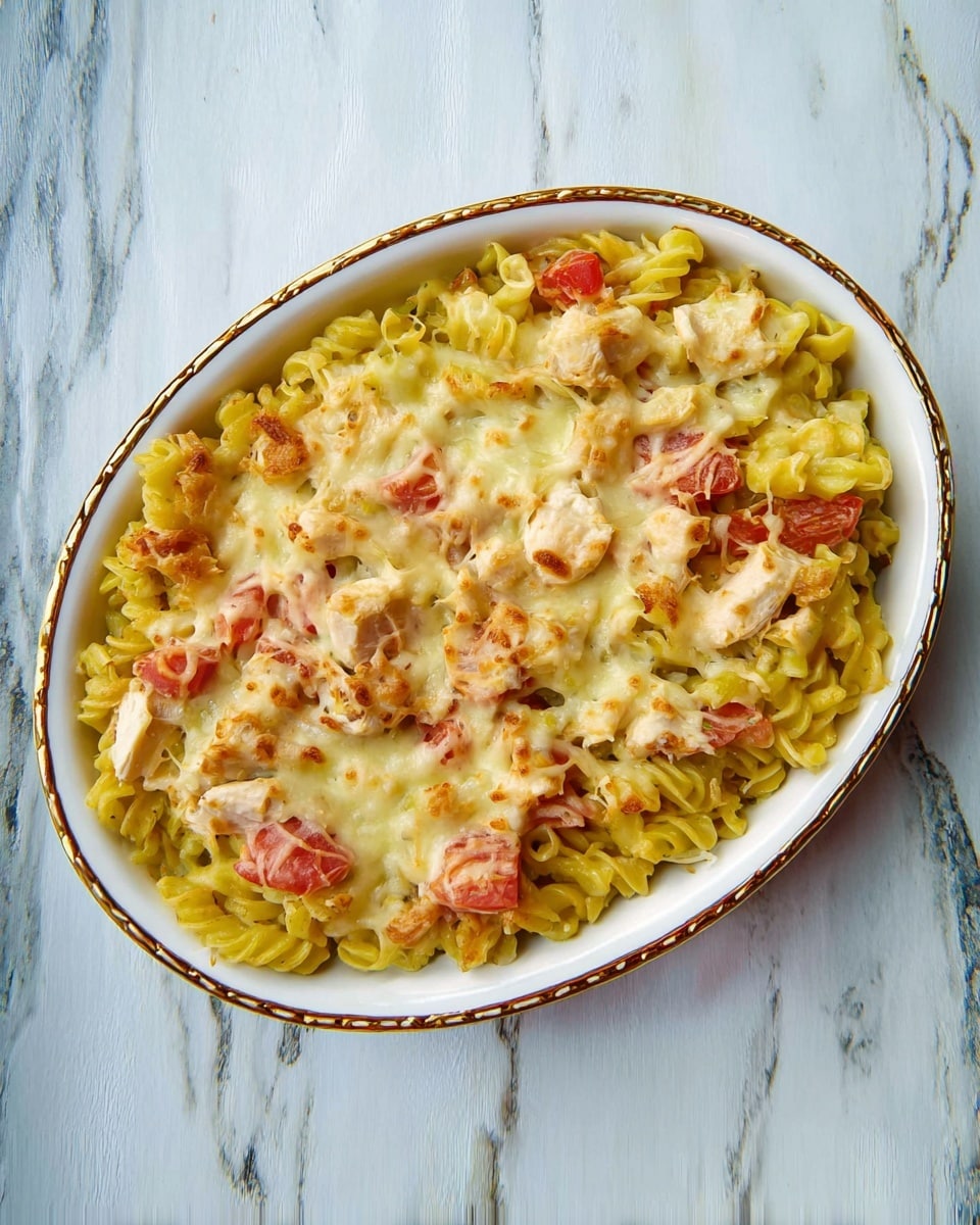 A white scalloped dish sits inside a woven basket on a white marbled surface, filled with baked pasta. The dish has one visible layer of curly pasta that is pale yellow, mixed with pieces of pinkish-red ham and light tan shredded chicken scattered evenly throughout. The entire top layer is covered in melted cheese that is shiny, golden, and slightly browned in spots, creating a rich texture over the pasta and meat. Photo taken with an iphone --ar 4:5 --v 7