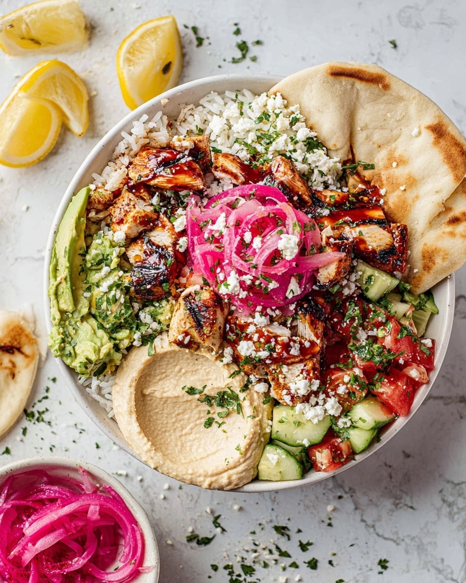 A close-up view of a white bowl filled with multiple layers of food starting with a base of white rice covering most of the bottom left side. Above the rice are pieces of grilled chicken coated in a dark reddish-brown sauce with visible spices. To the right of the chicken is a layer of crumbled white cheese sprinkled on top, mixed with finely chopped green herbs. Above that, there are thin slices of pink pickled onions mixed with green leafy herbs. Near the top right are chunky green avocado pieces, also sprinkled with white cheese and small bits of herbs. The bottom right corner shows a small dollop of creamy, light beige hummus. The bowl rests on a white marbled textured surface. Photo taken with an iphone --ar 4:5 --v 7