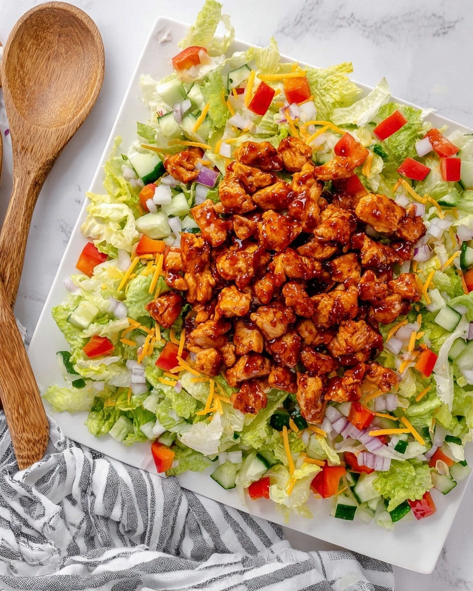 A white square plate rests on a white marbled surface, layered with fresh chopped romaine lettuce as the first layer. On top of the lettuce are small diced pieces of green cucumber, red bell pepper, and finely chopped white onion, scattered evenly. The top layer consists of bite-sized chunks of glazed chicken, coated in a shiny, reddish-brown sauce, spread mostly on the right side of the plate. Some shredded yellow cheese is lightly visible among the lettuce and vegetables near the edges. A striped towel is partially seen under the plate on the left, with wooden cooking spoons placed next to it. photo taken with an iphone --ar 4:5 --v 7