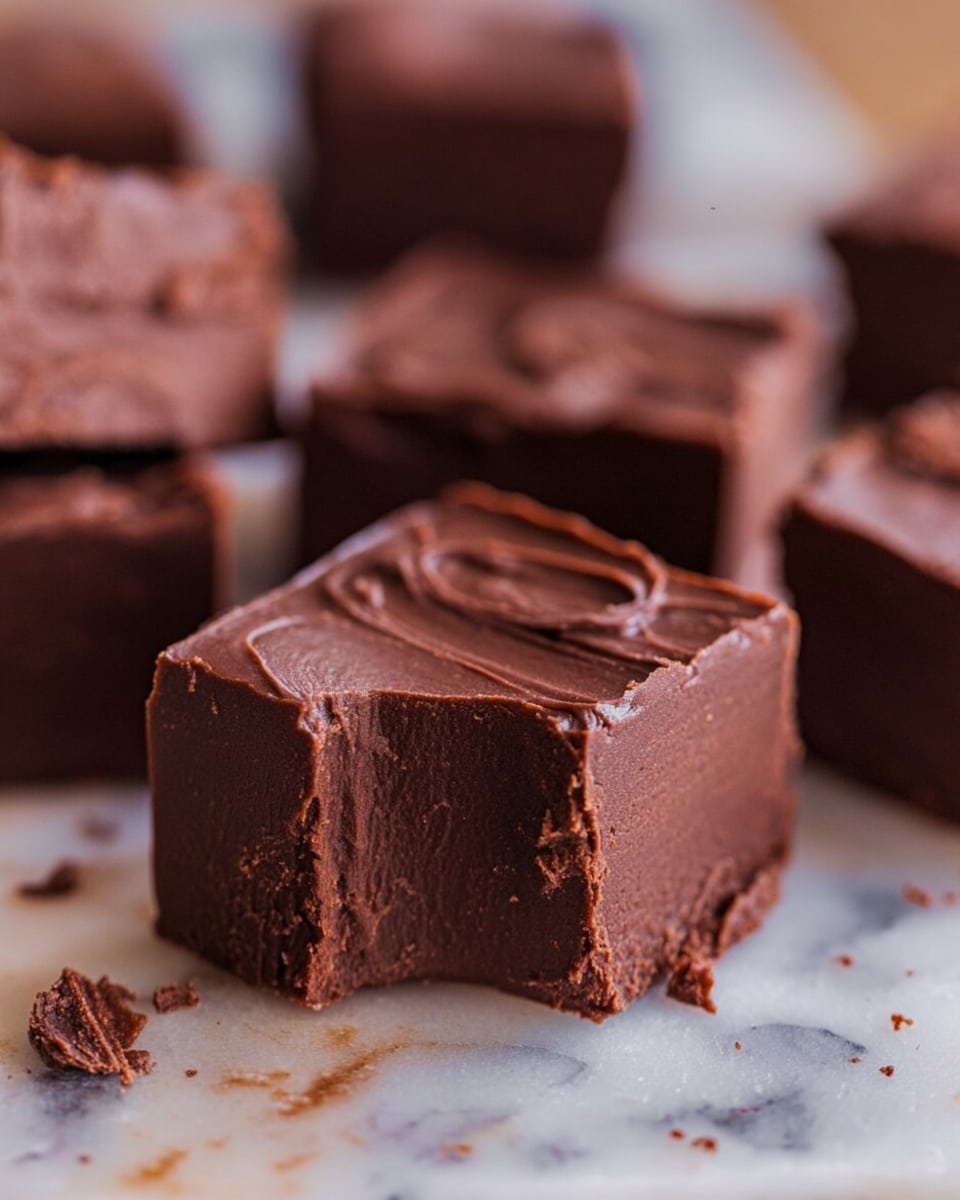 The image shows a close-up of thick square pieces of dark chocolate fudge arranged on a white marbled texture. Each piece has two main layers: a dense, smooth bottom layer with a matte finish and a slightly softer, glossy top layer with gentle swirls and soft ridges. The fudge pieces are deep brown, with sharp edges and small uneven chips on the sides. The background is softly blurred, showing more fudge squares stacked irregularly, creating a warm and rich feel. Photo taken with an iphone --ar 4:5 --v 7